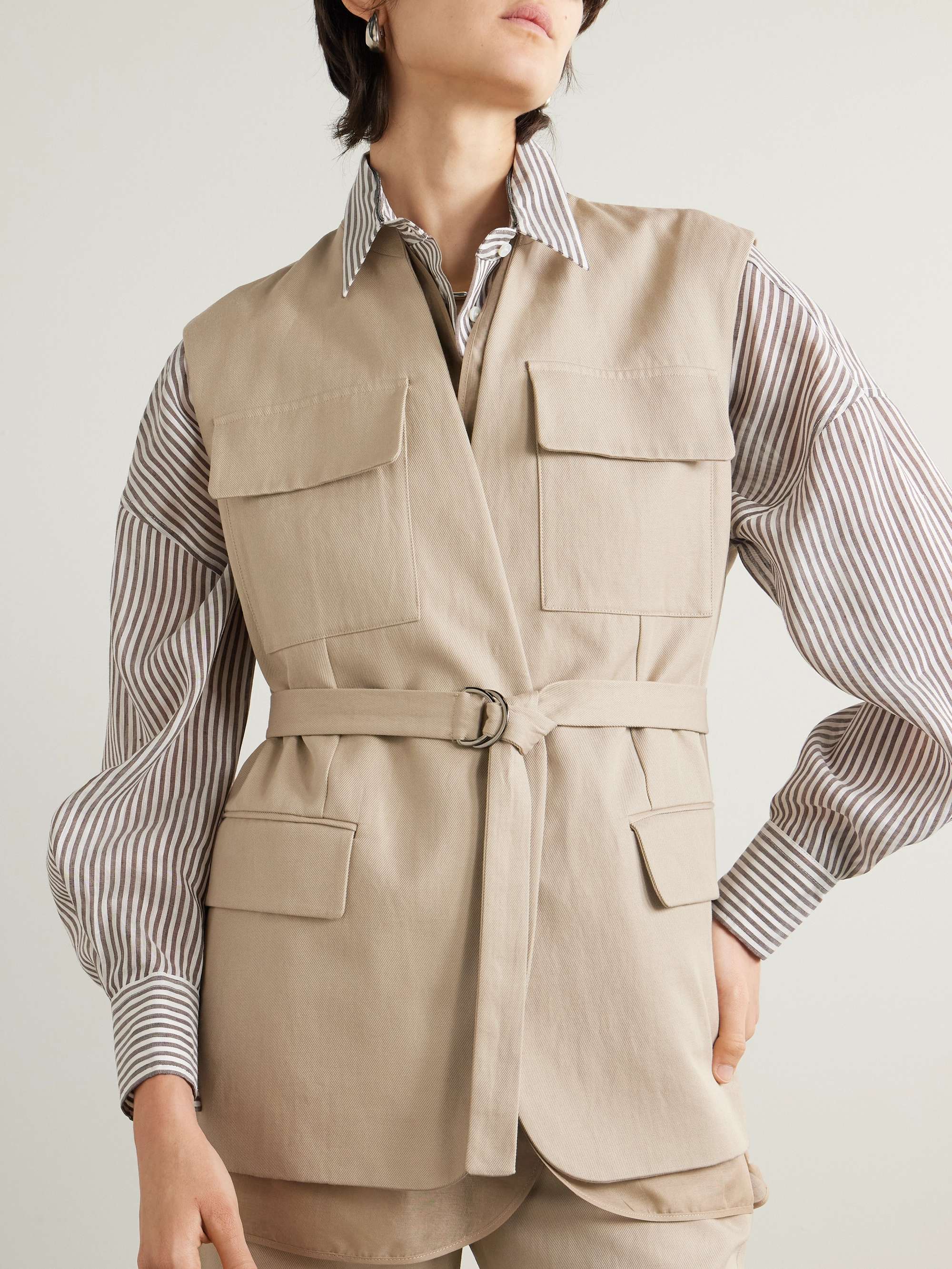 Belted bead-embellished organza-trimmed cotton and linen-blend twill vest view