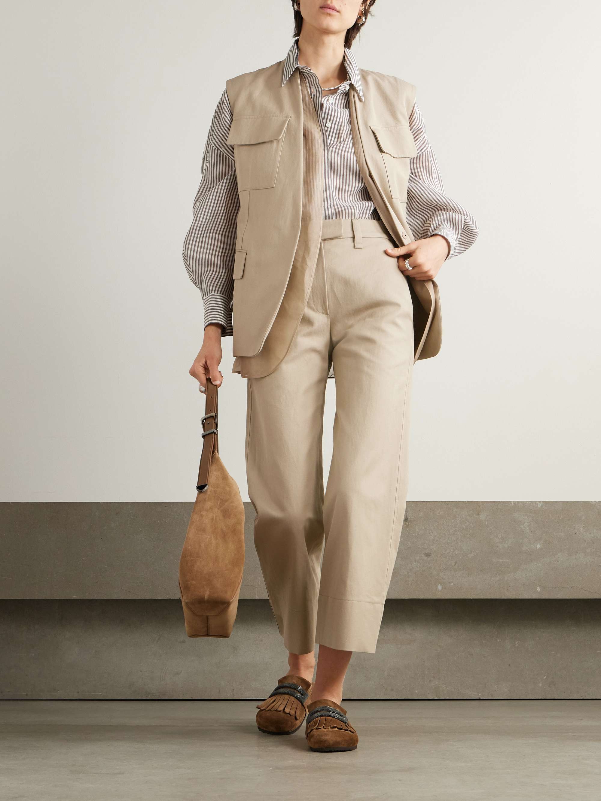 Belted bead-embellished organza-trimmed cotton and linen-blend twill vest view