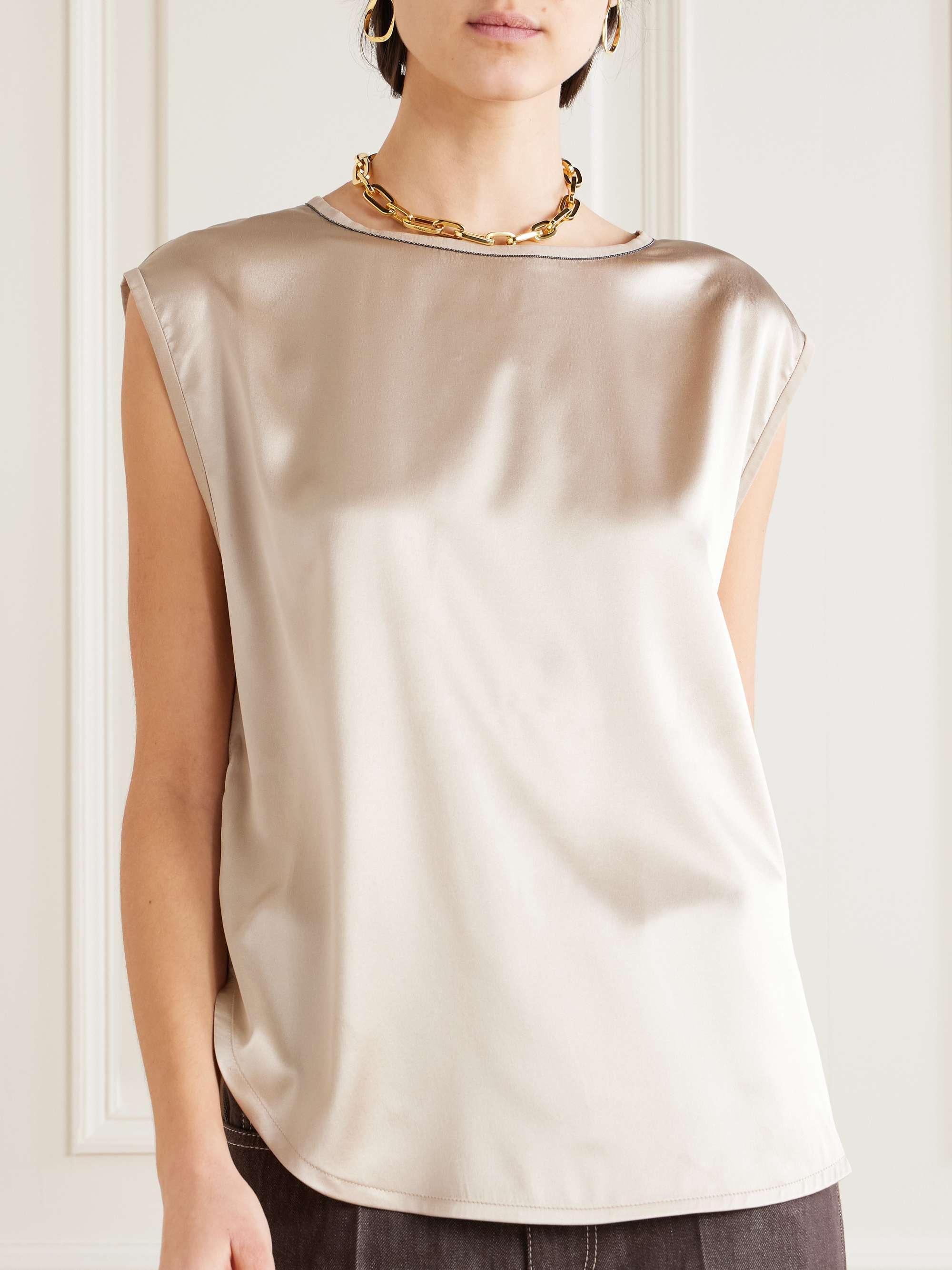 Bead-embellished silk-blend satin top view