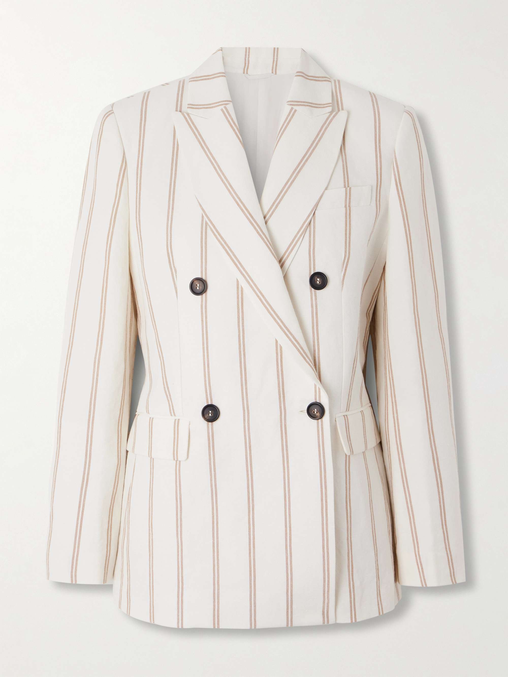 Double-breasted striped linen and cotton-blend blazer view