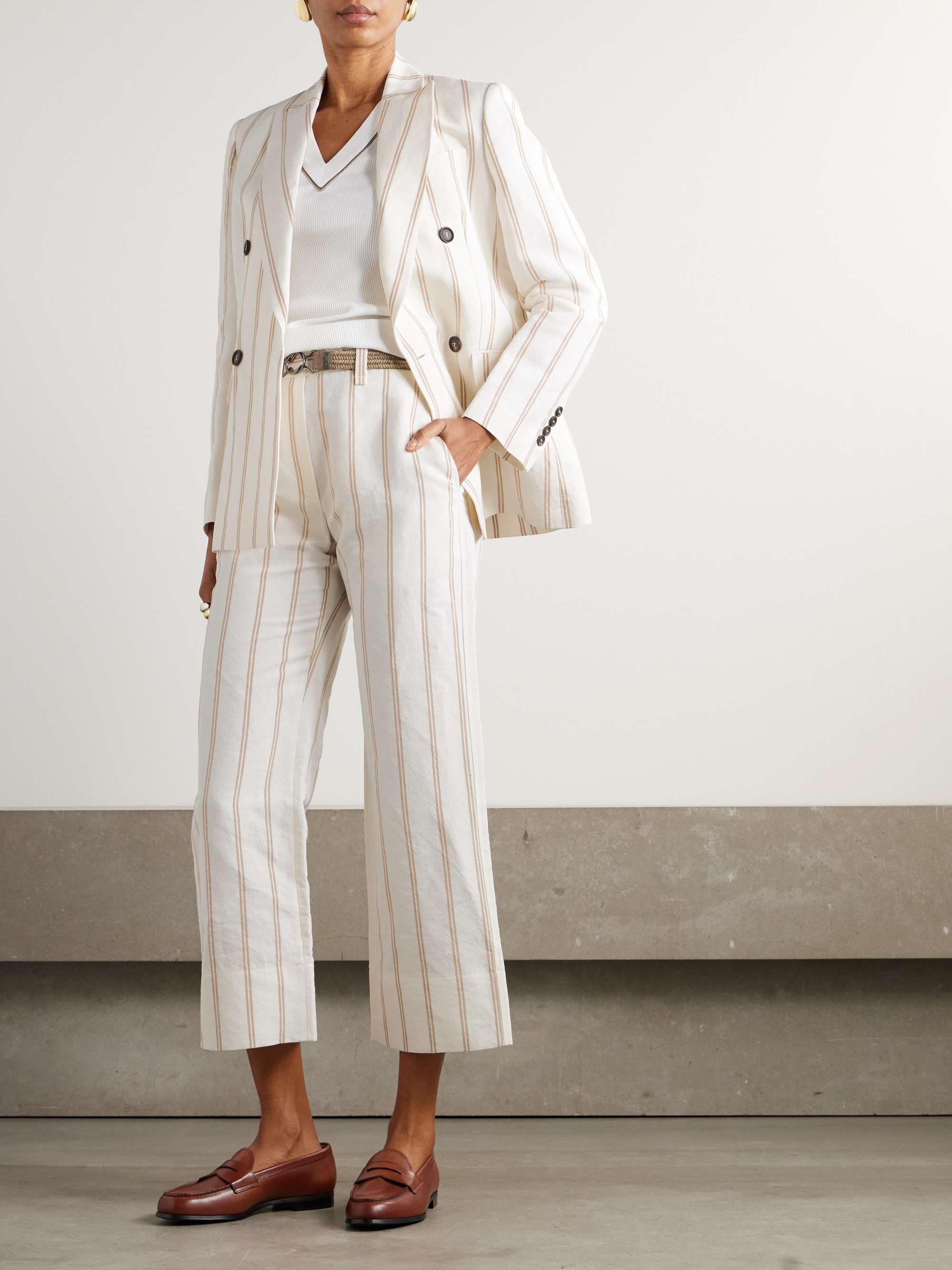 Double-breasted striped linen and cotton-blend blazer view