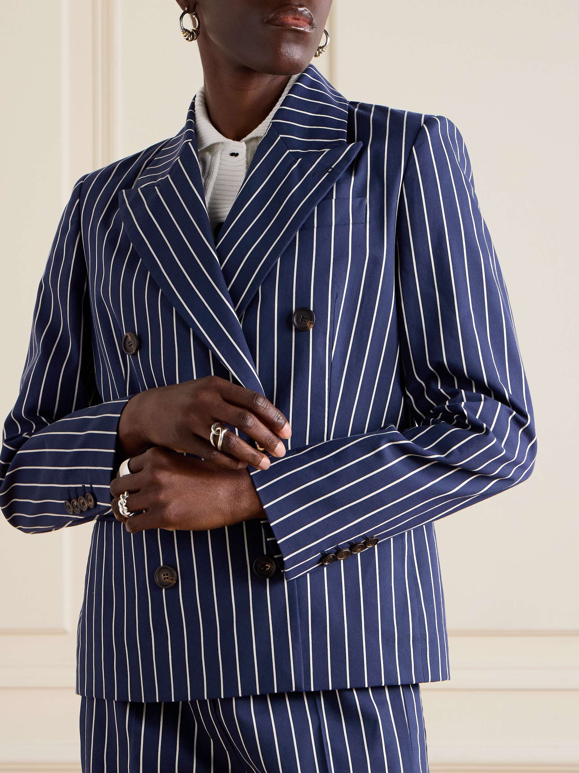 Double-breasted striped cotton and silk-blend blazer view