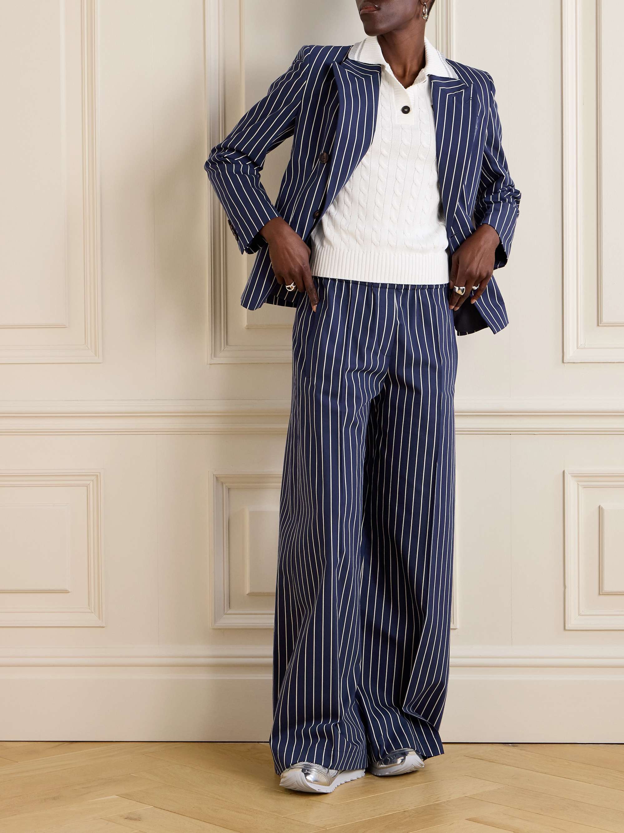 Double-breasted striped cotton and silk-blend blazer view