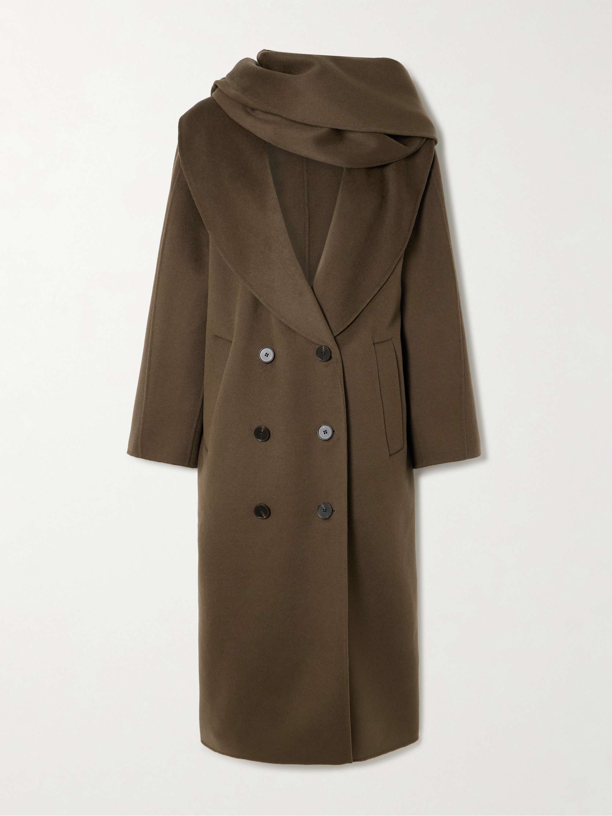 Double-breasted scarf-detailed layered wool coat view