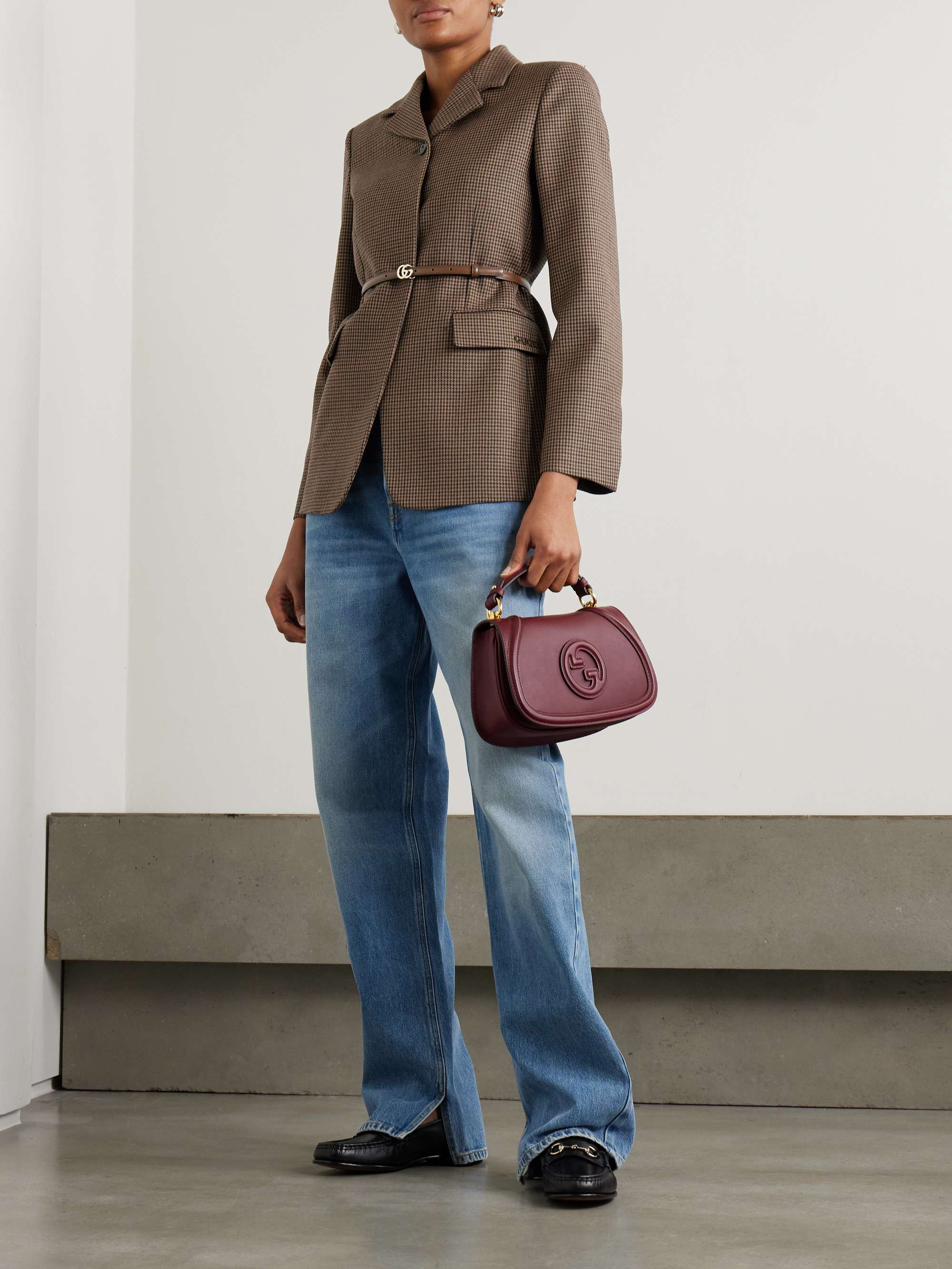 Leather-trimmed belted houndstooth wool blazer view