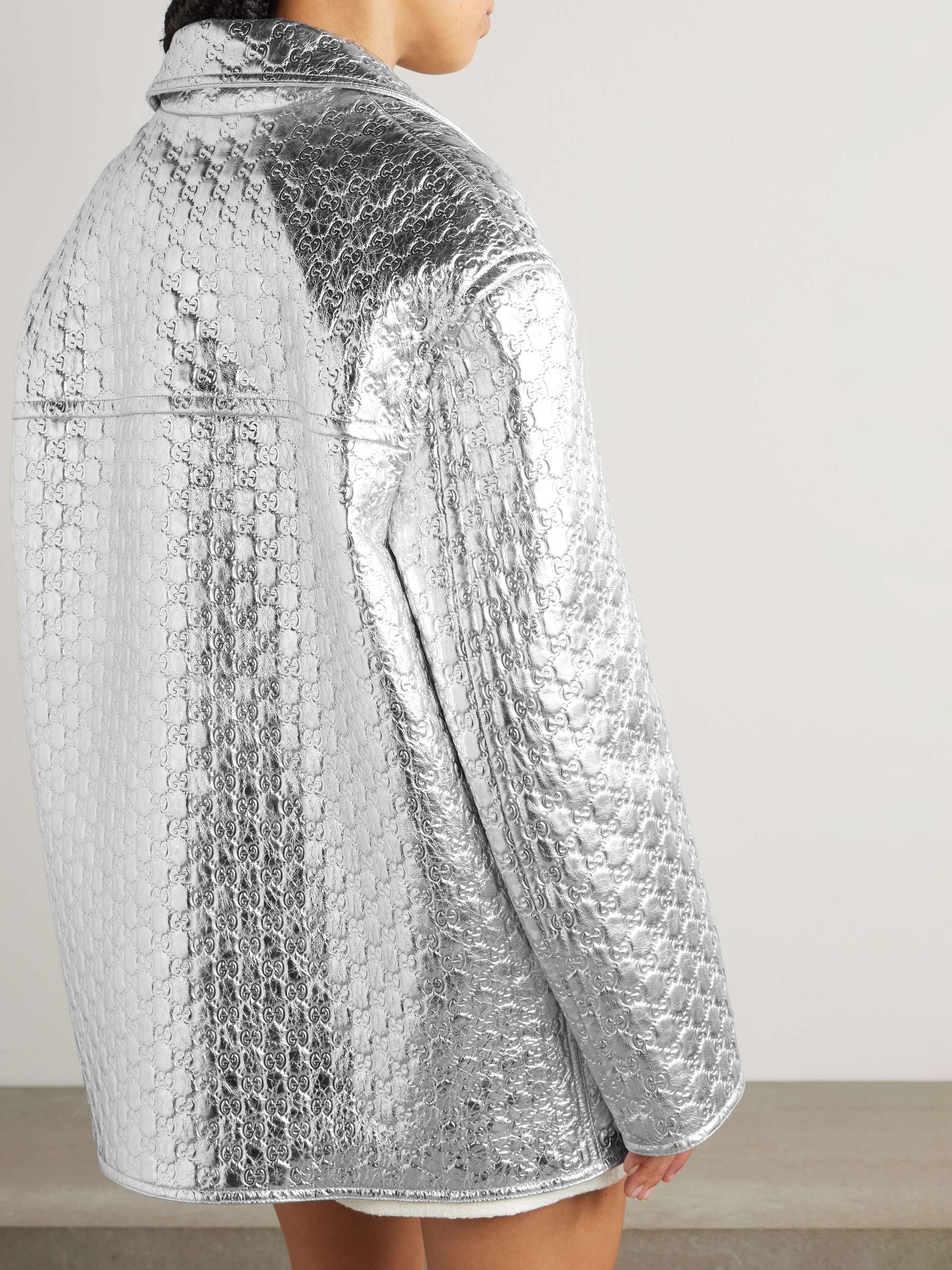 Oversized debossed metallic leather jacket view
