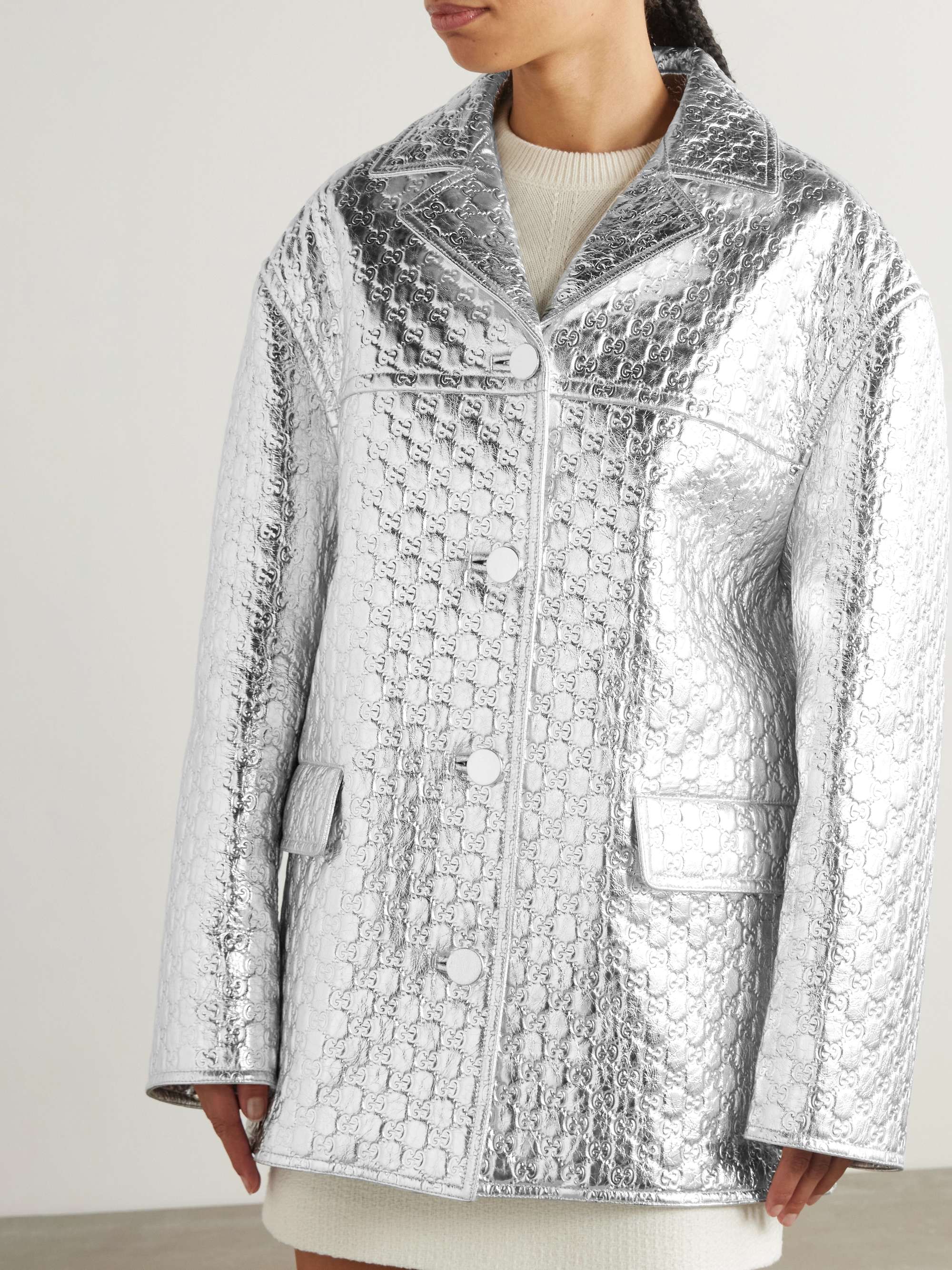 Oversized debossed metallic leather jacket view