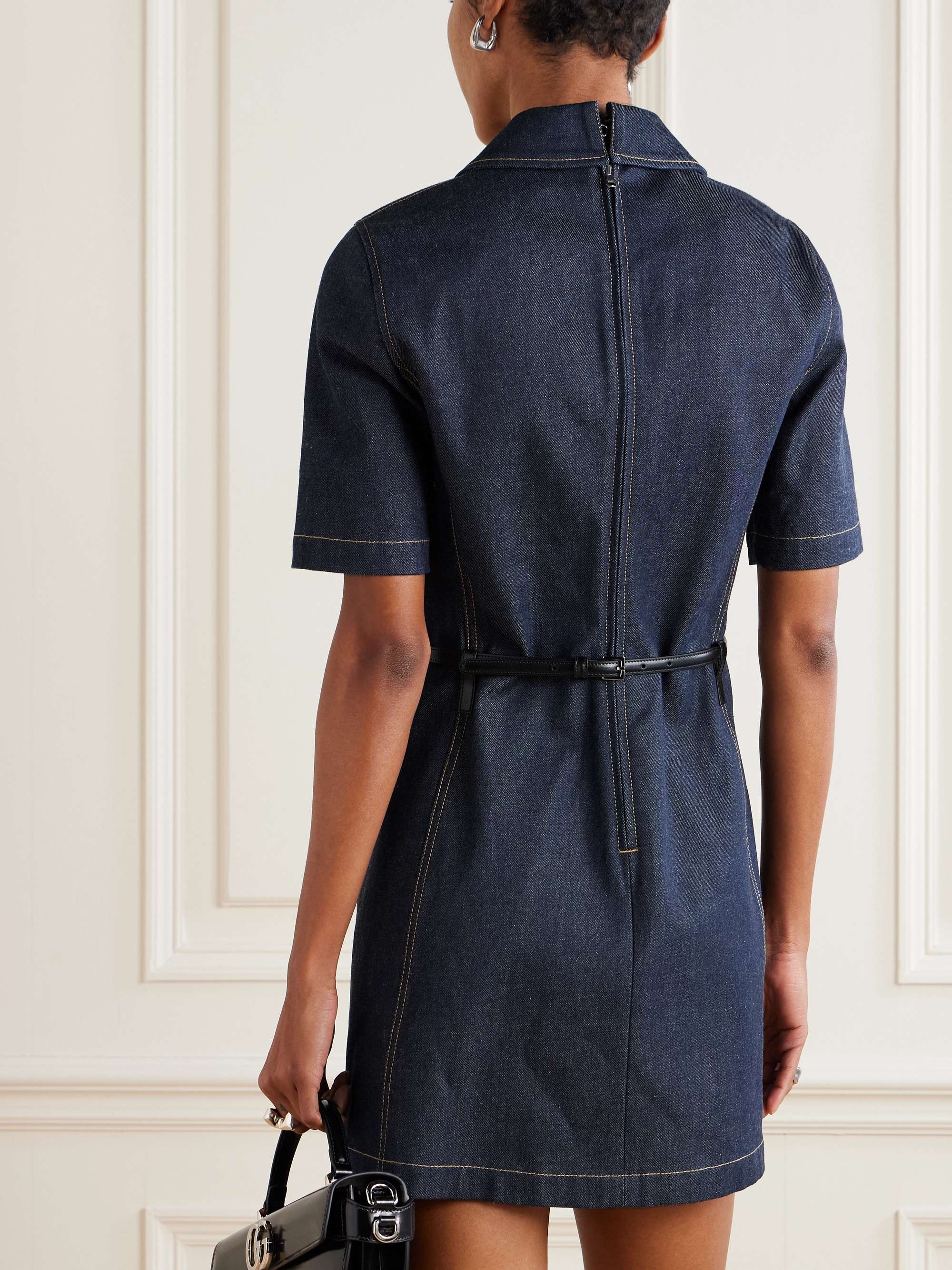 Belted leather-trimmed denim mini dress view