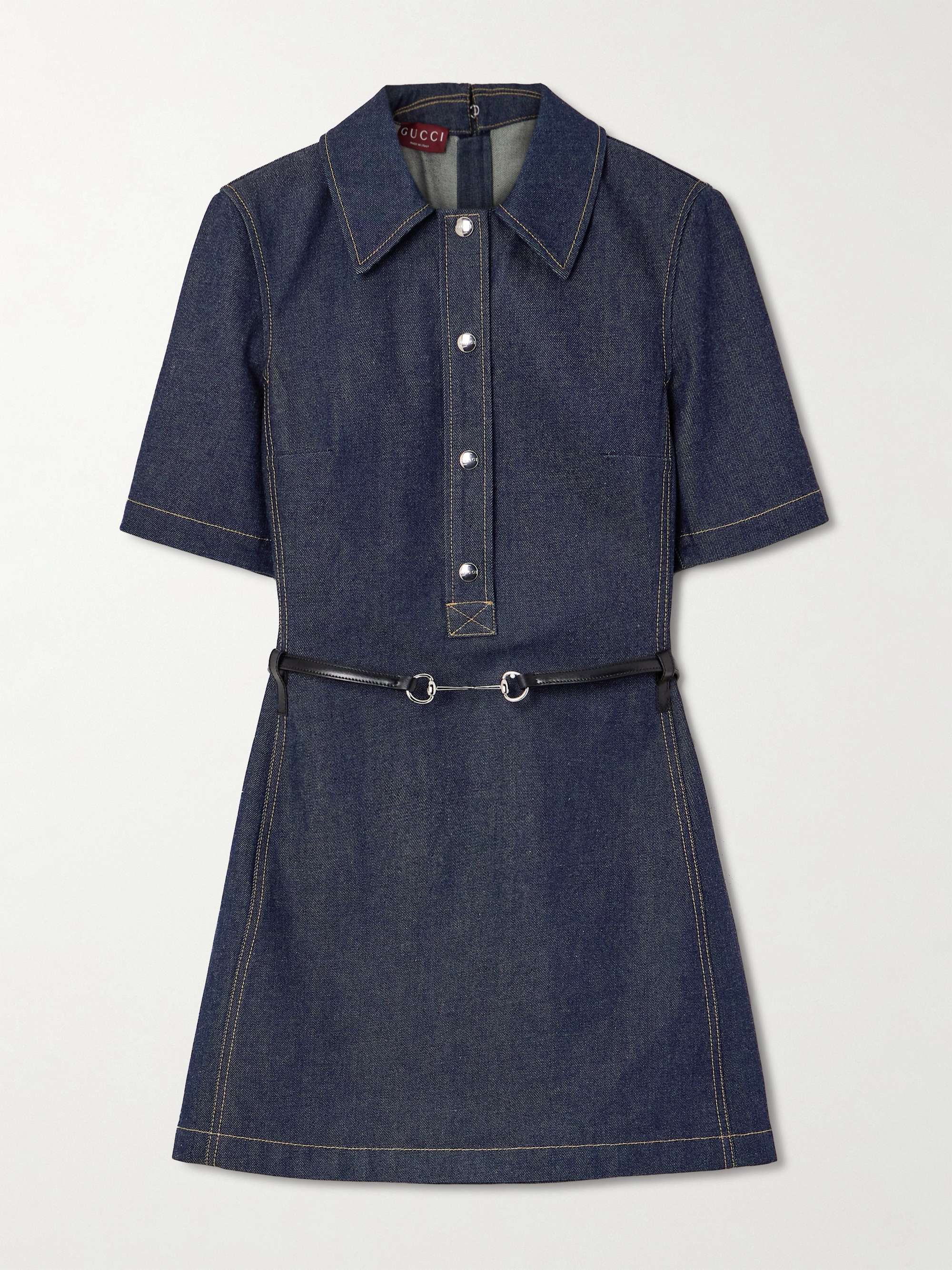 Belted leather-trimmed denim mini dress view