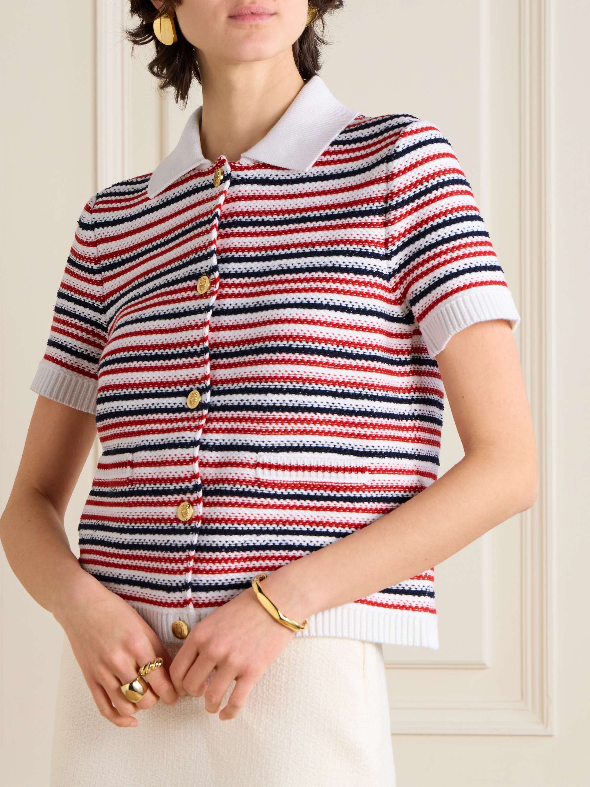 Striped jacquard-knit cotton-blend polo shirt view