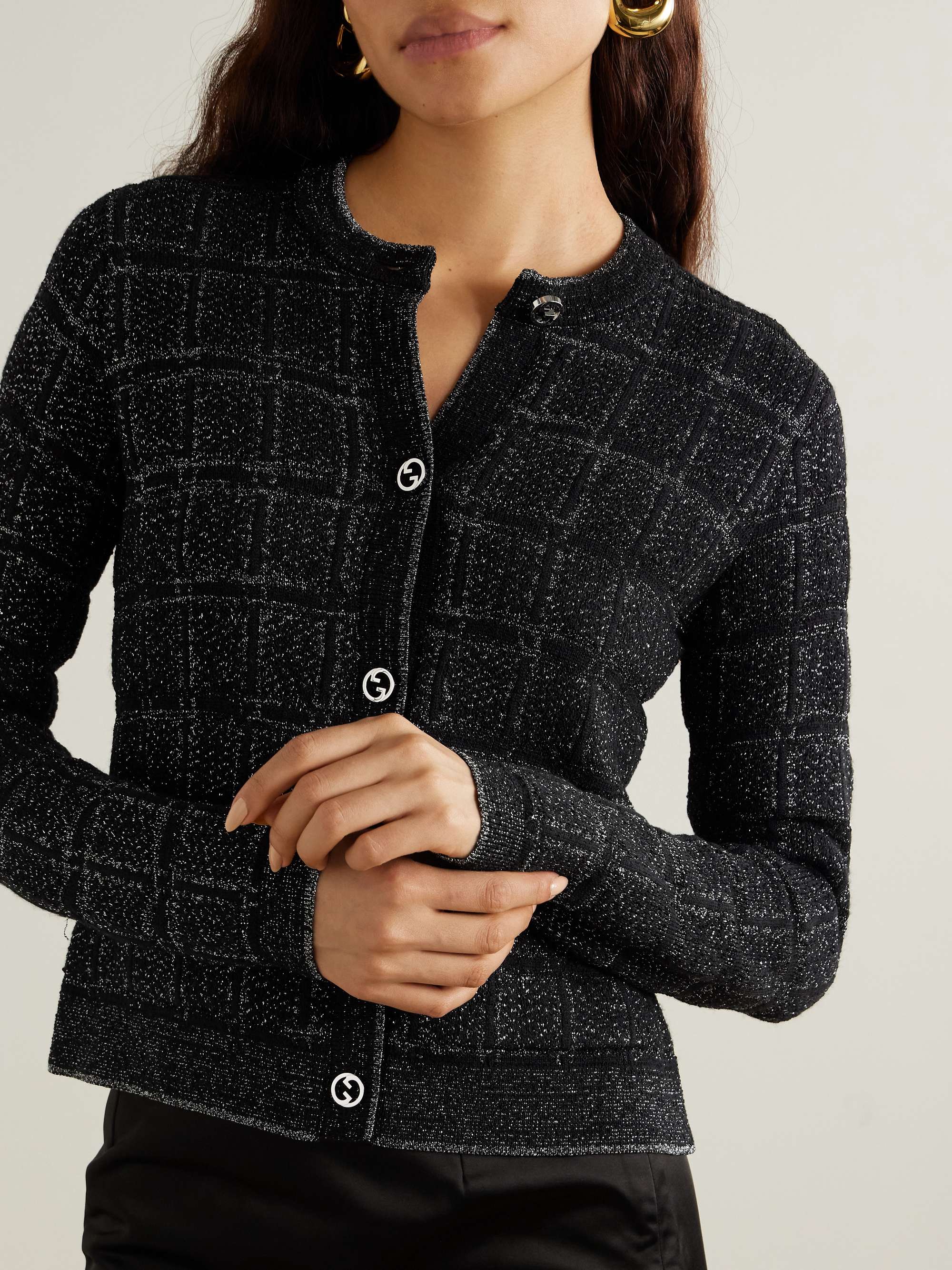 Checked metallic jacquard-knit wool-blend cardigan view