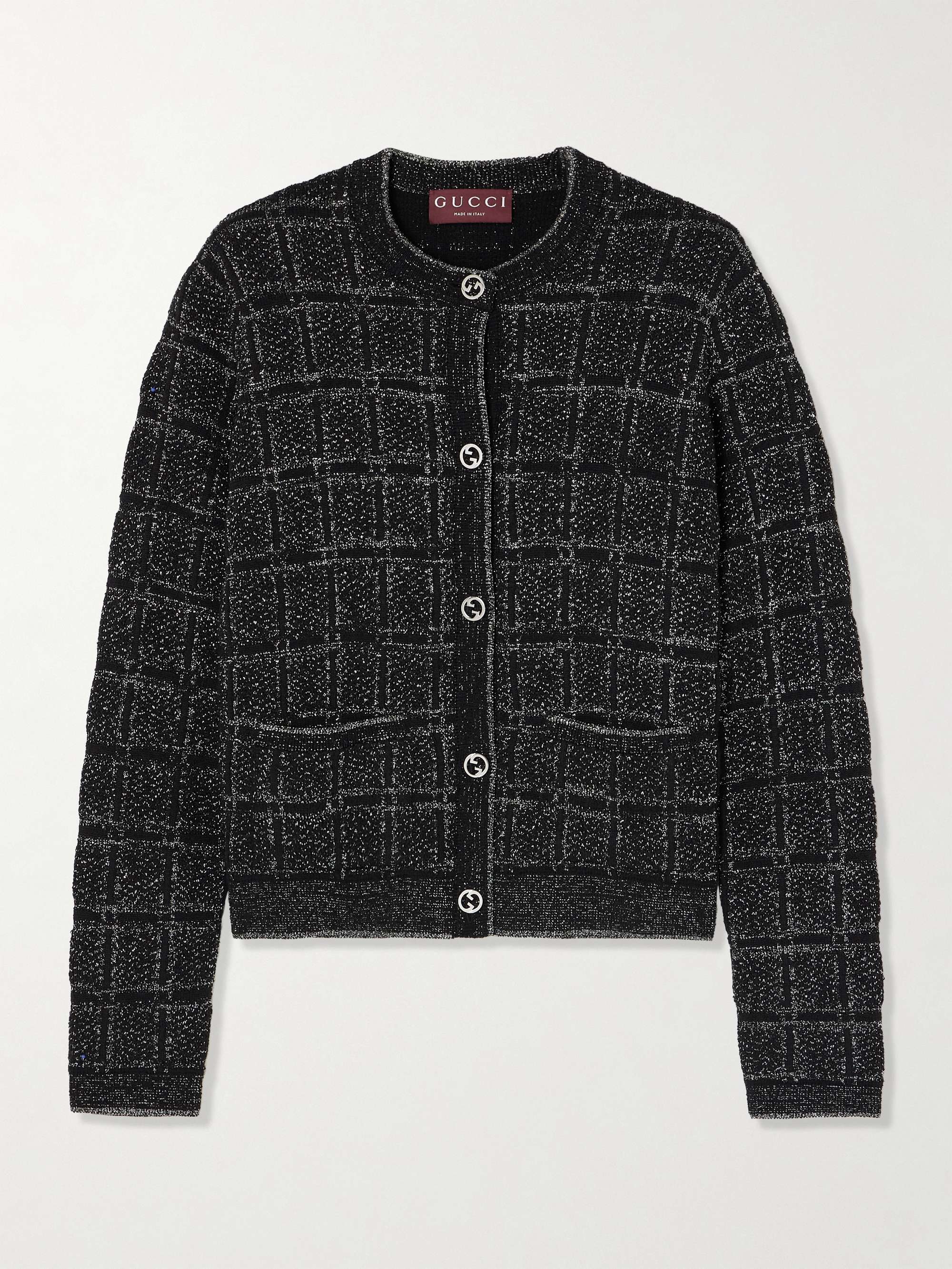 Checked metallic jacquard-knit wool-blend cardigan view