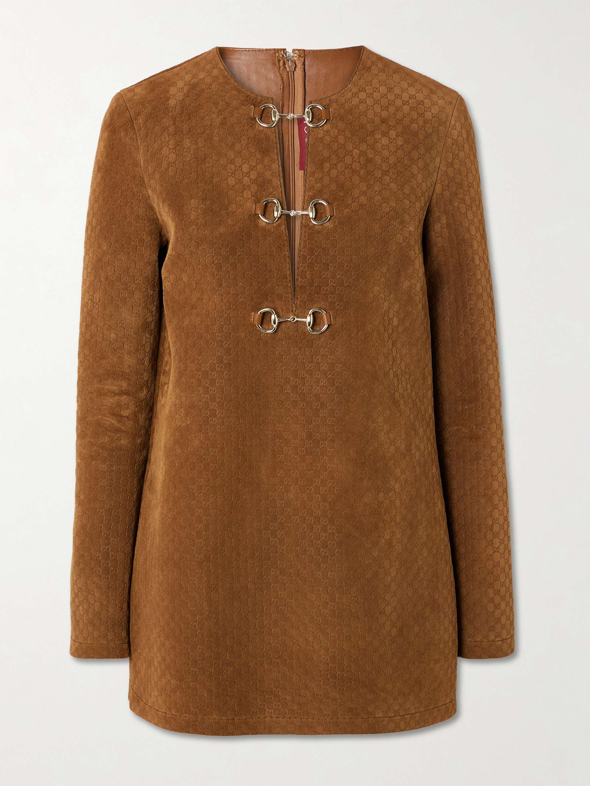 Horsebit-detailed debossed suede mini dress view