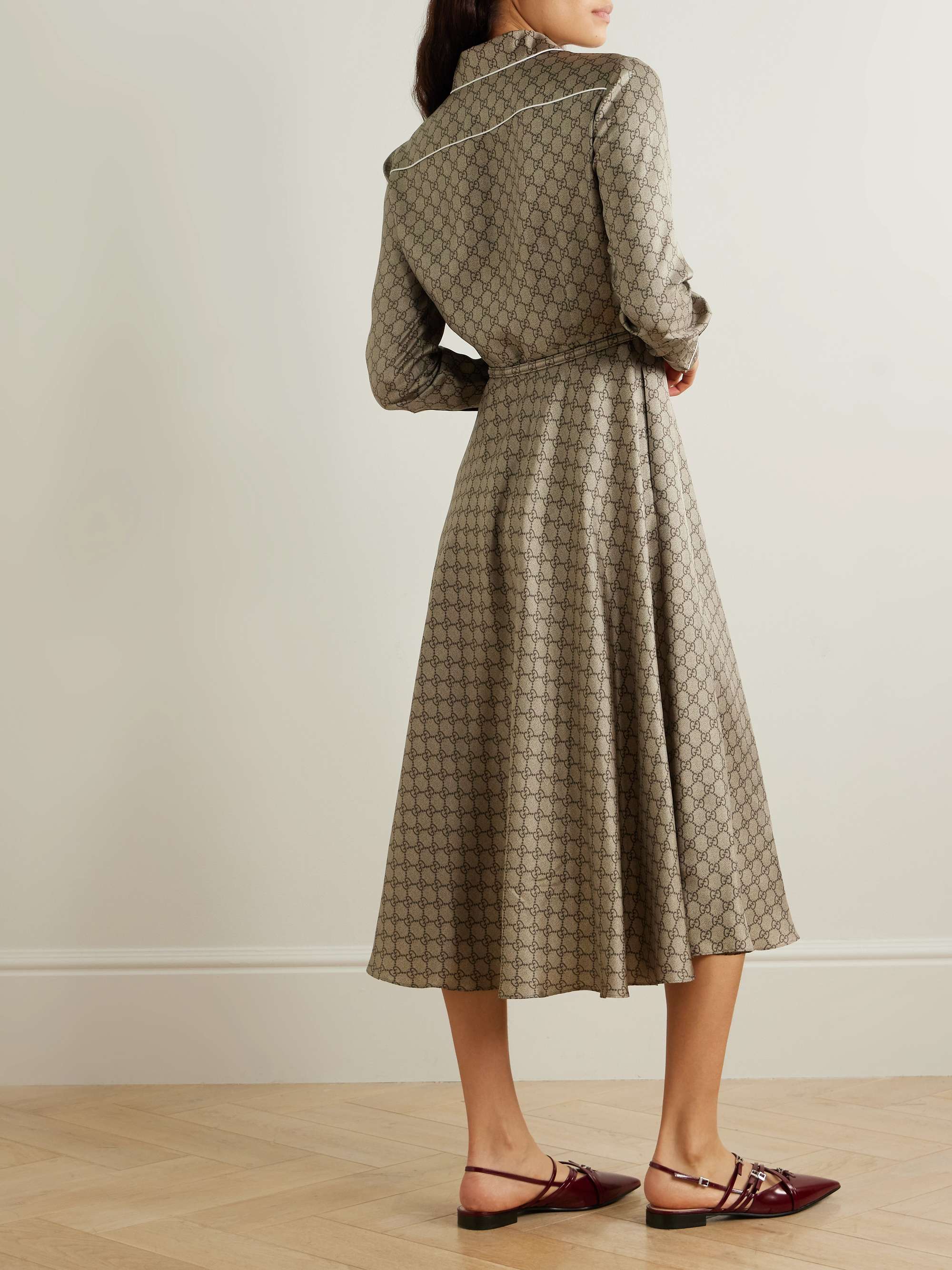 Belted piped printed silk-twill midi shirt dress view