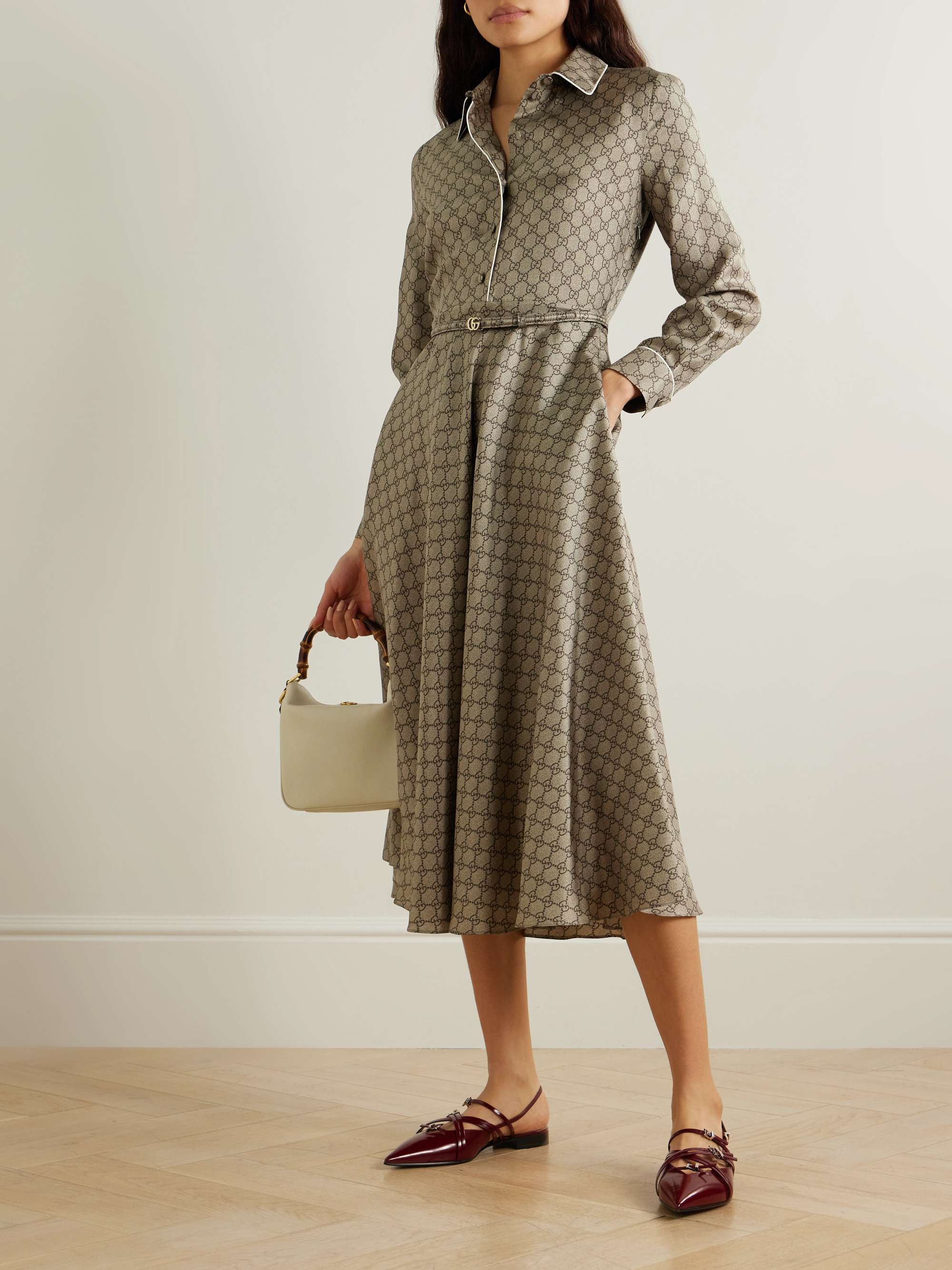Belted piped printed silk-twill midi shirt dress view