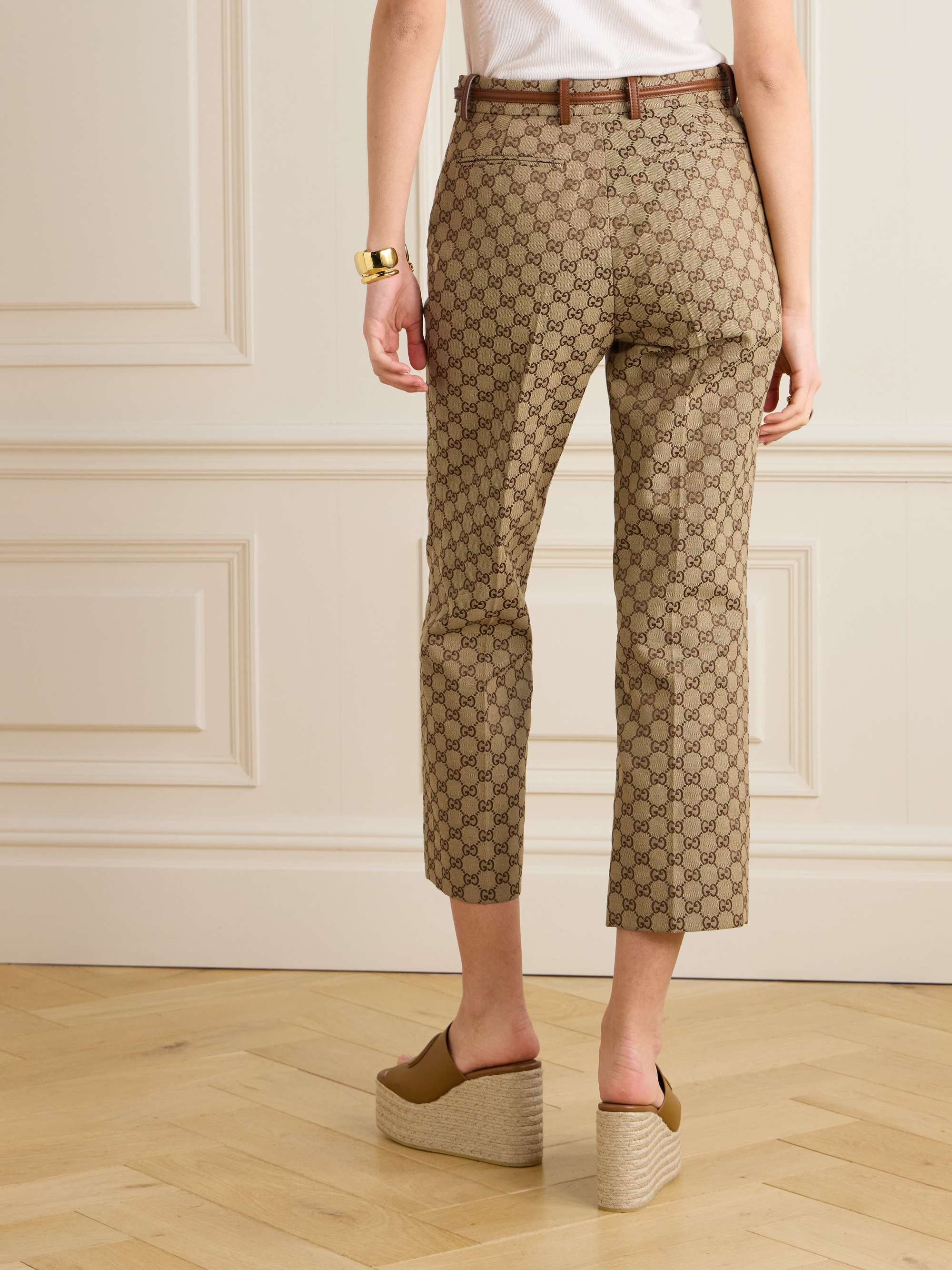 Belted cropped logo-jacquard cotton-blend canvas tapered pants view