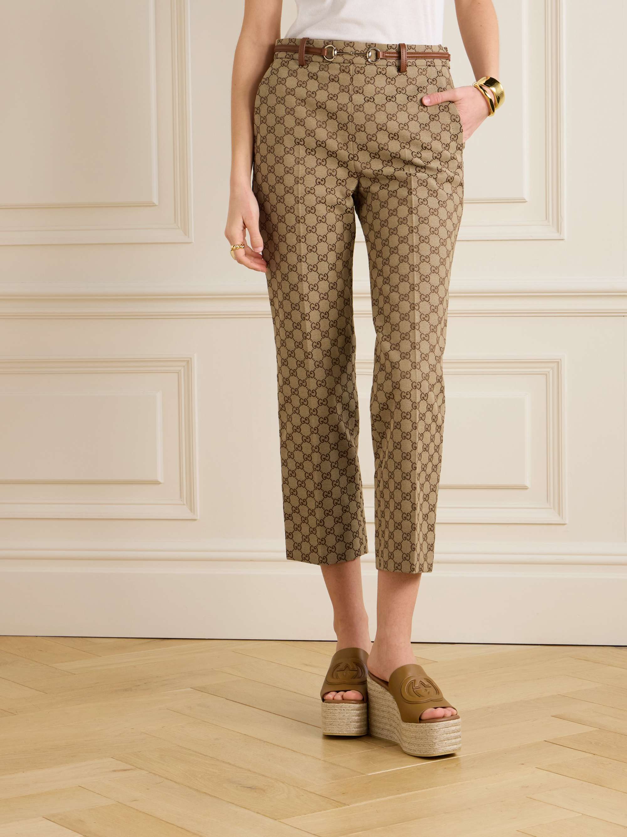 Belted cropped logo-jacquard cotton-blend canvas tapered pants view