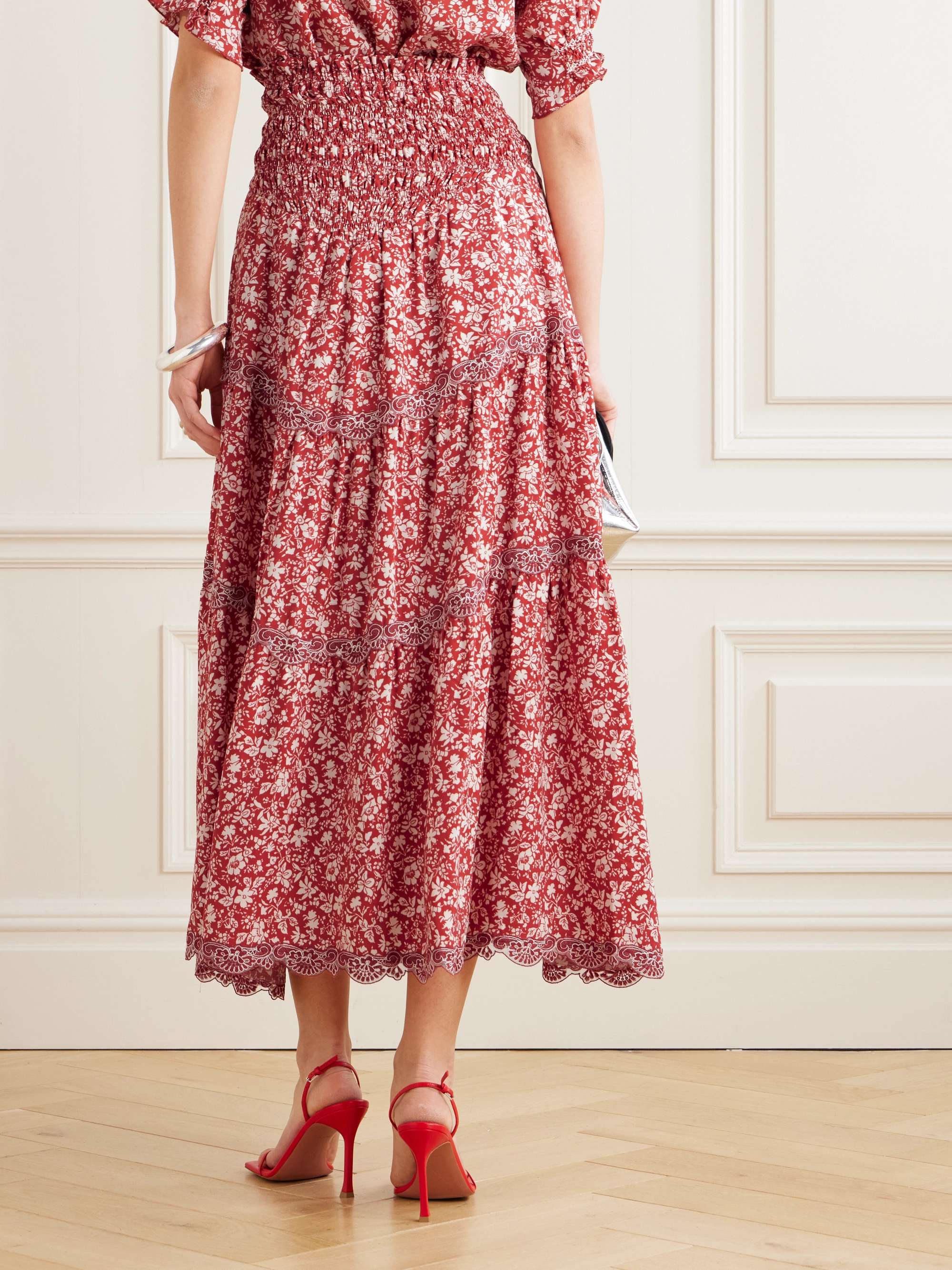 Ninfa shirred lace-trimmed floral-print Lyocell midi skirt view