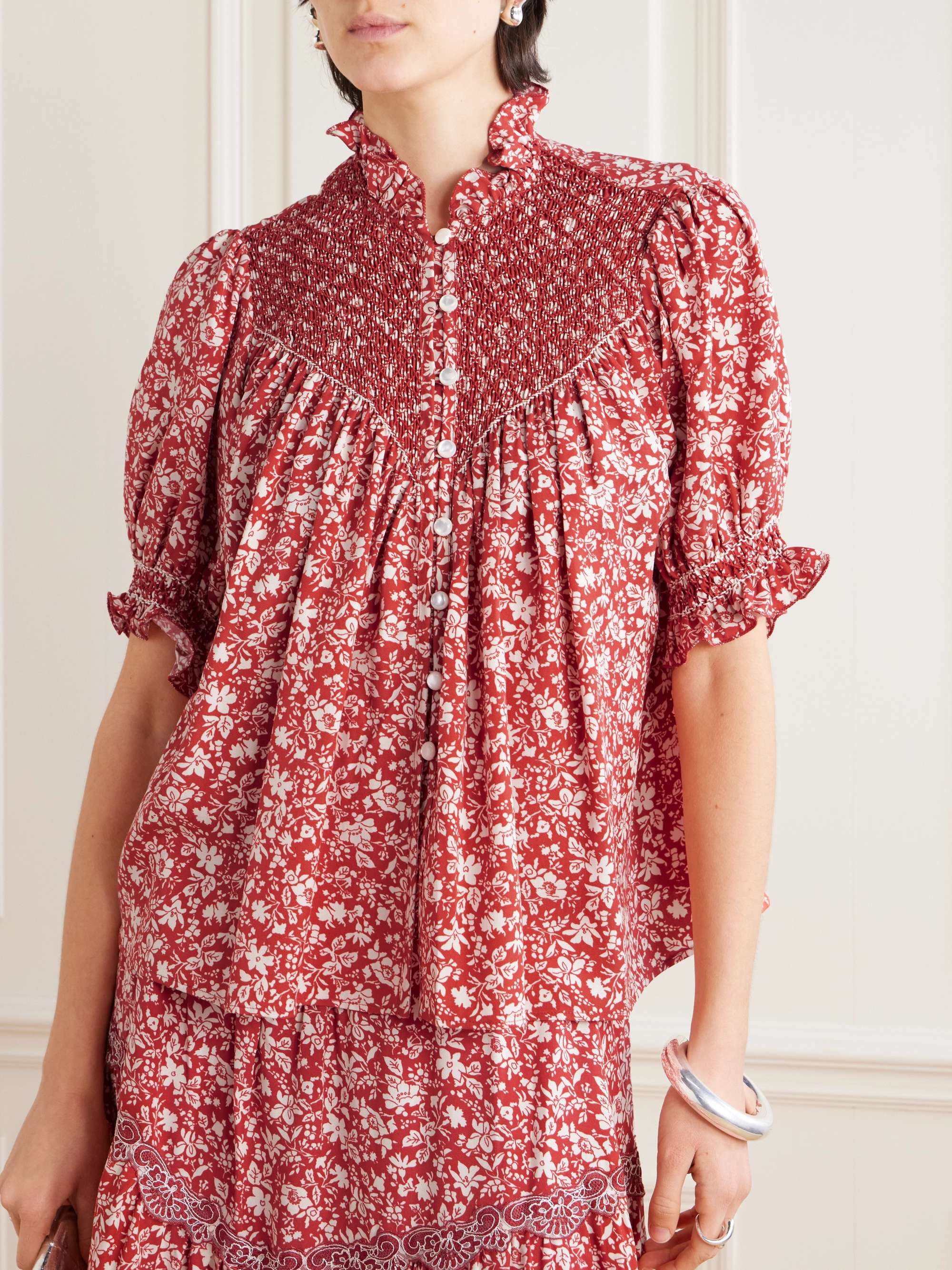 Milvia embroidered shirred printed Lyocell blouse view