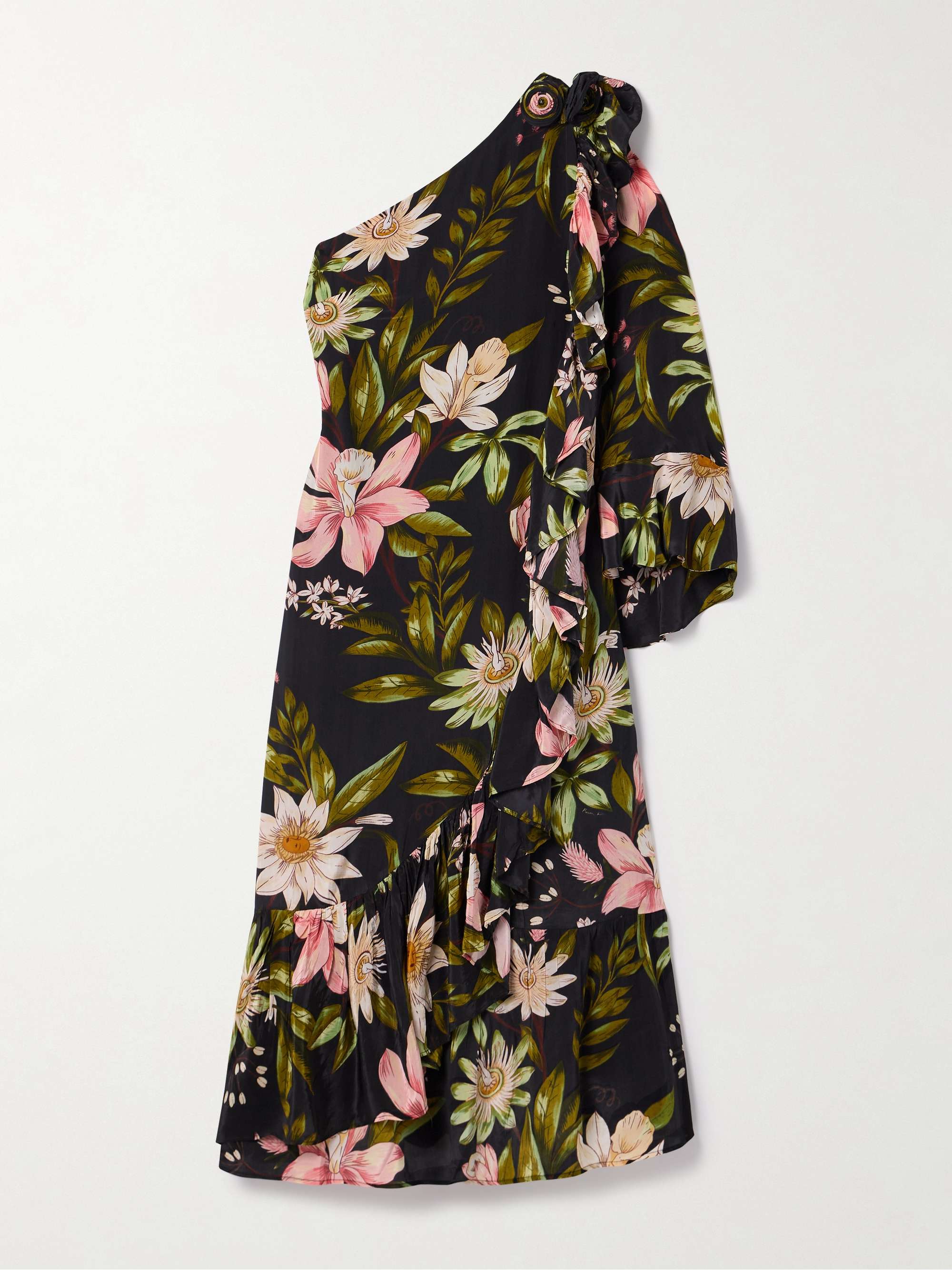 One-sleeve ruffled floral-print crepe de chine midi dress view