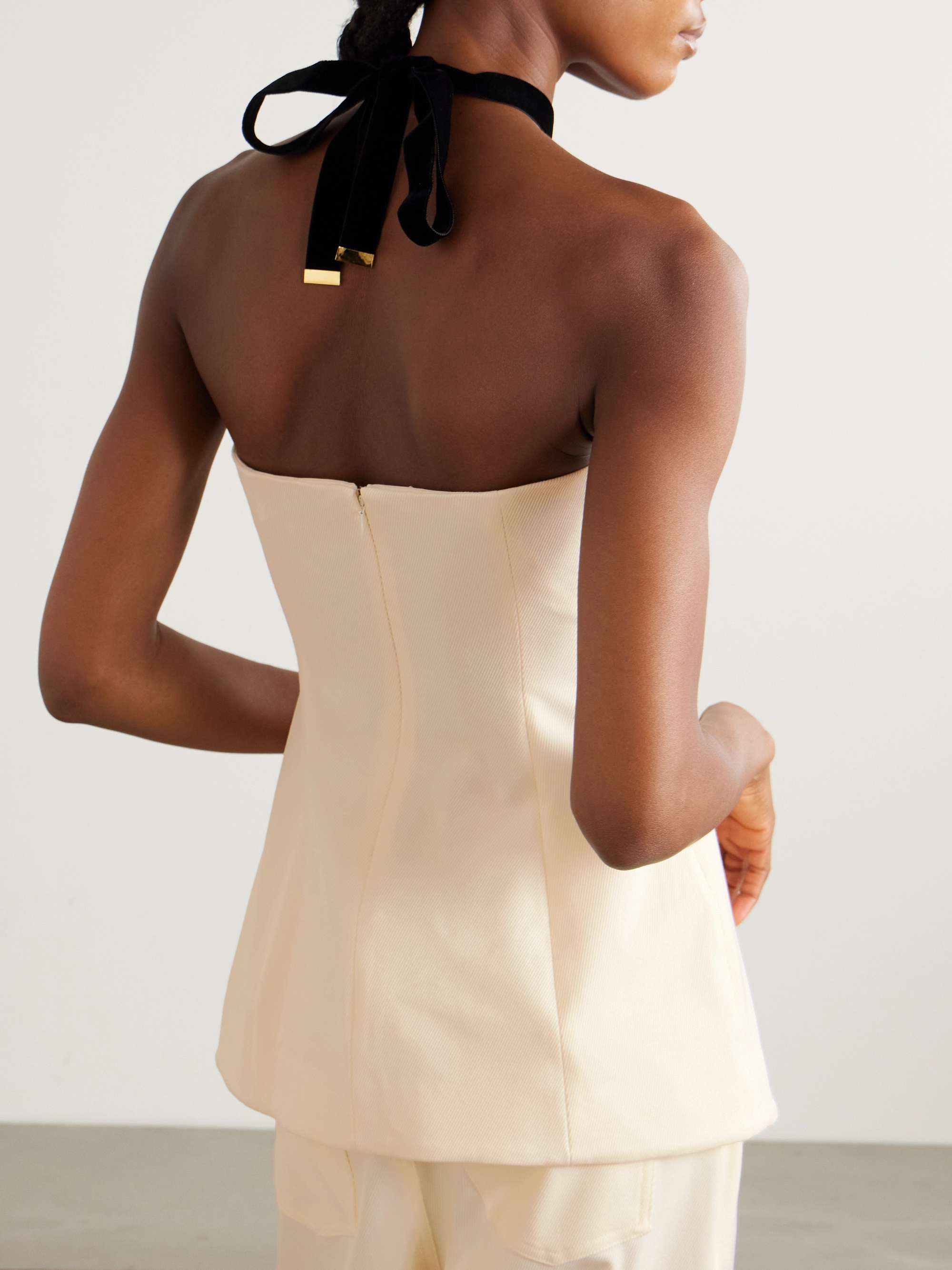 Silvia strapless twill peplum top view