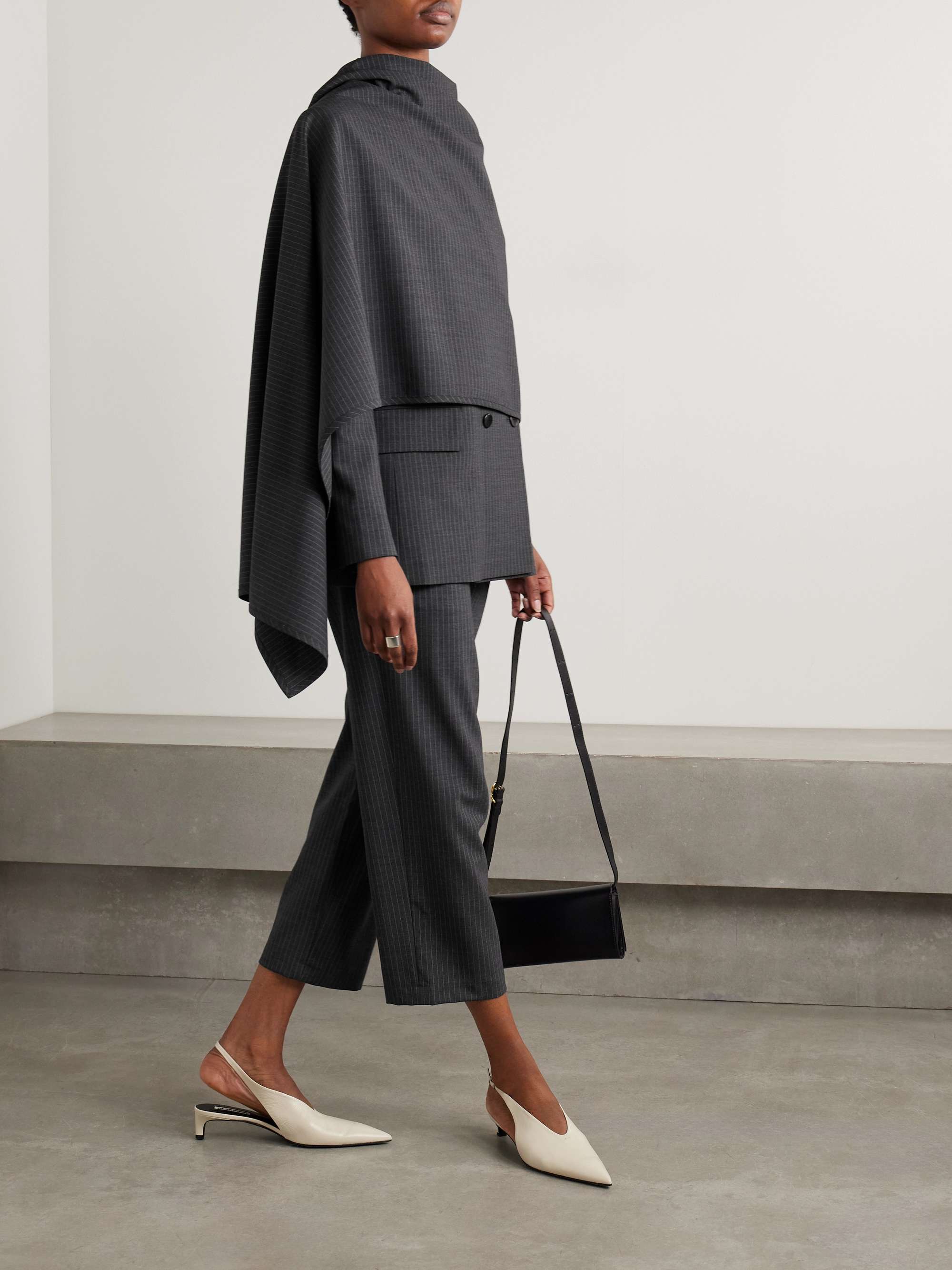 Double-breasted draped pinstriped wool-blend blazer view
