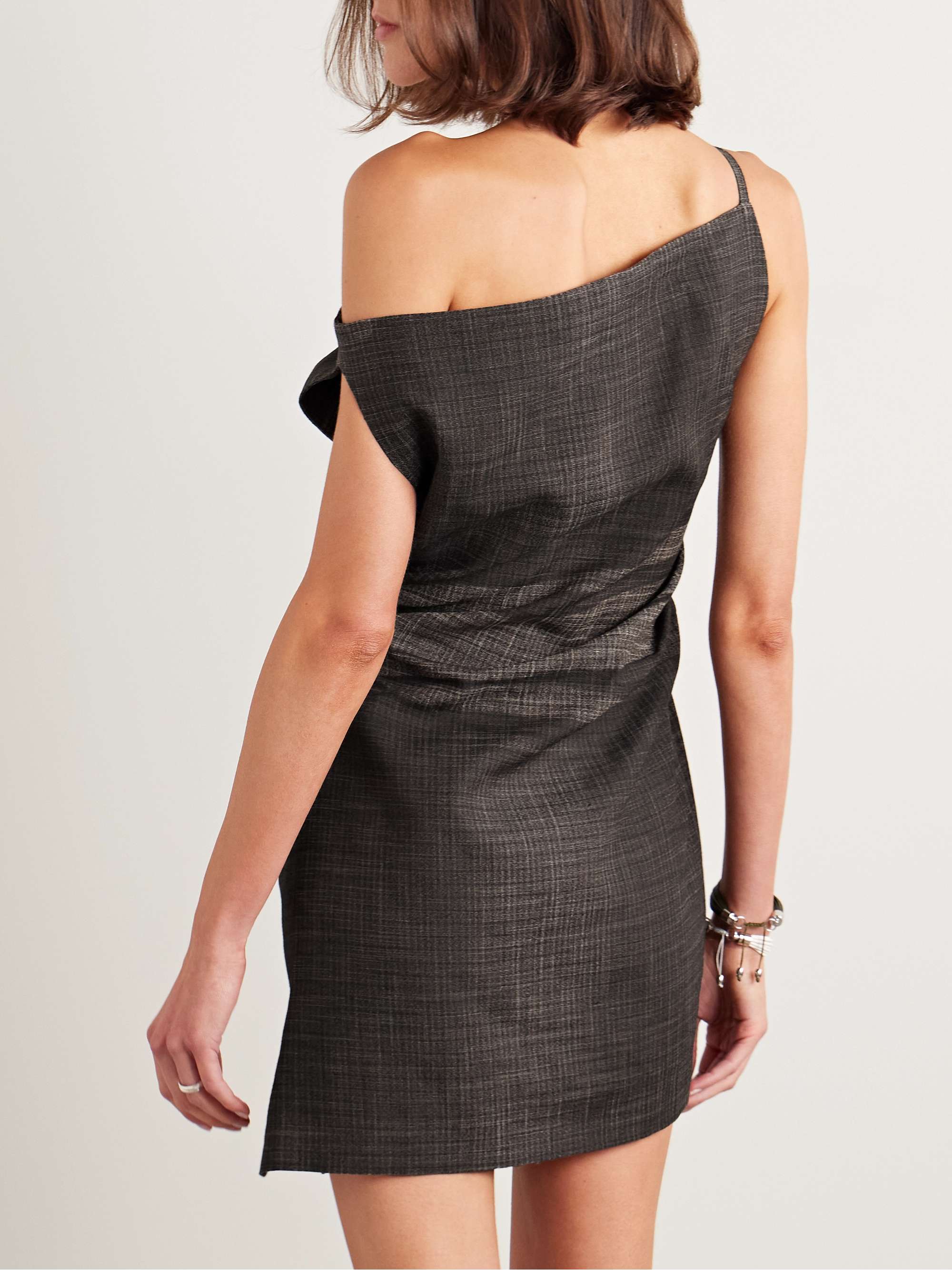 One-shoulder gathered checked linen-blend mini dress view