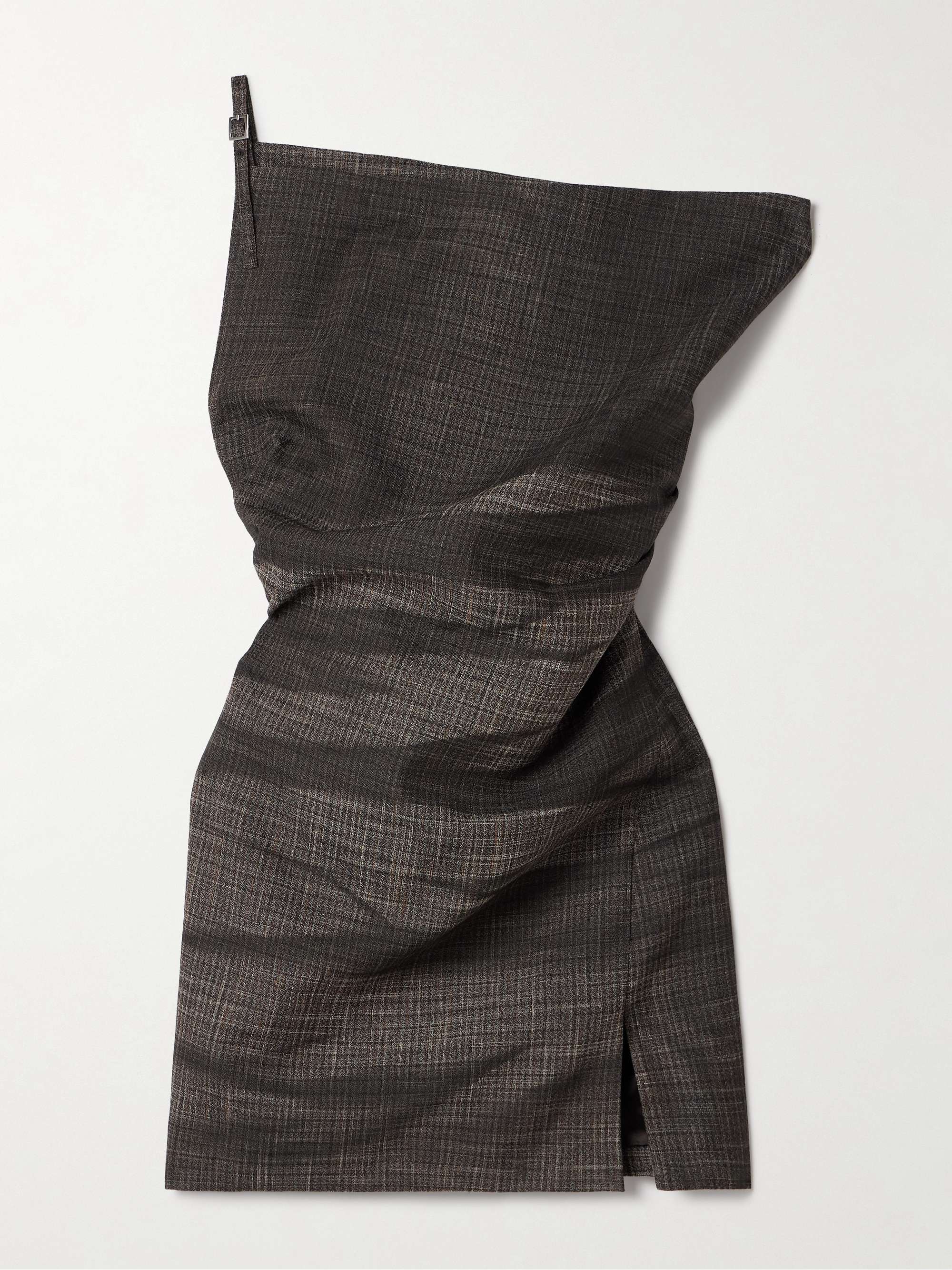 One-shoulder gathered checked linen-blend mini dress view