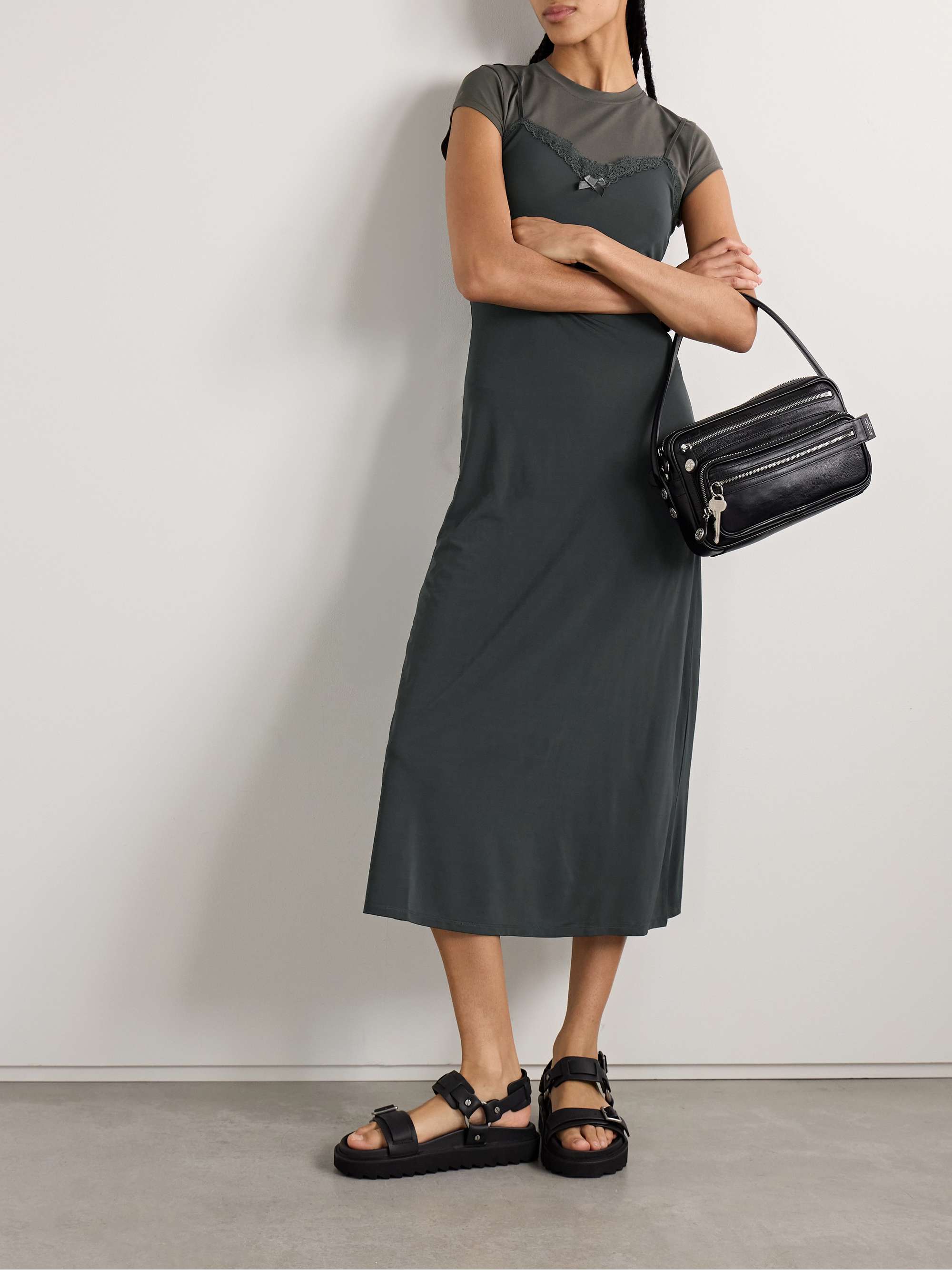 Lace-trimmed stretch-jersey and cotton-blend jersey midi dress view
