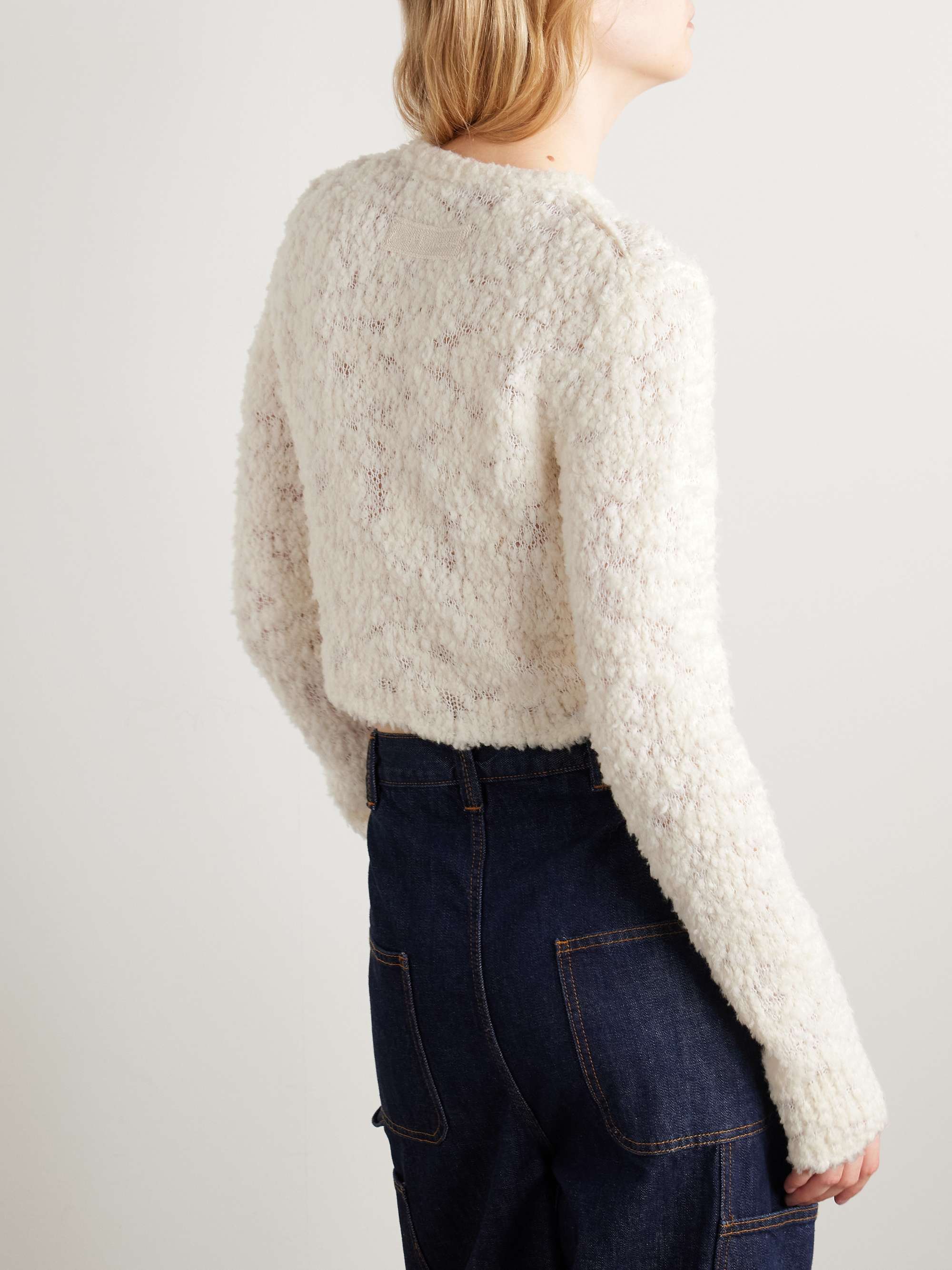 Bow-embellished cropped wool-blend bouclé cardigan view
