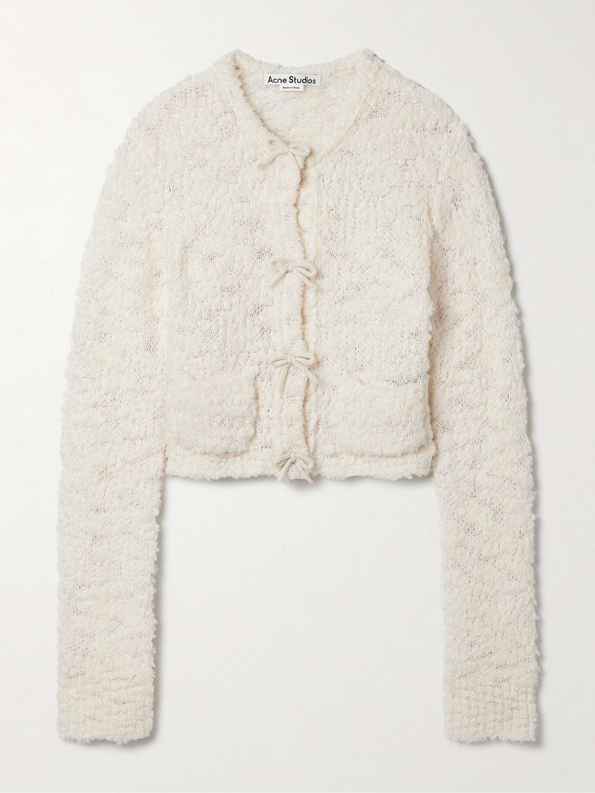 Bow-embellished cropped wool-blend bouclé cardigan view