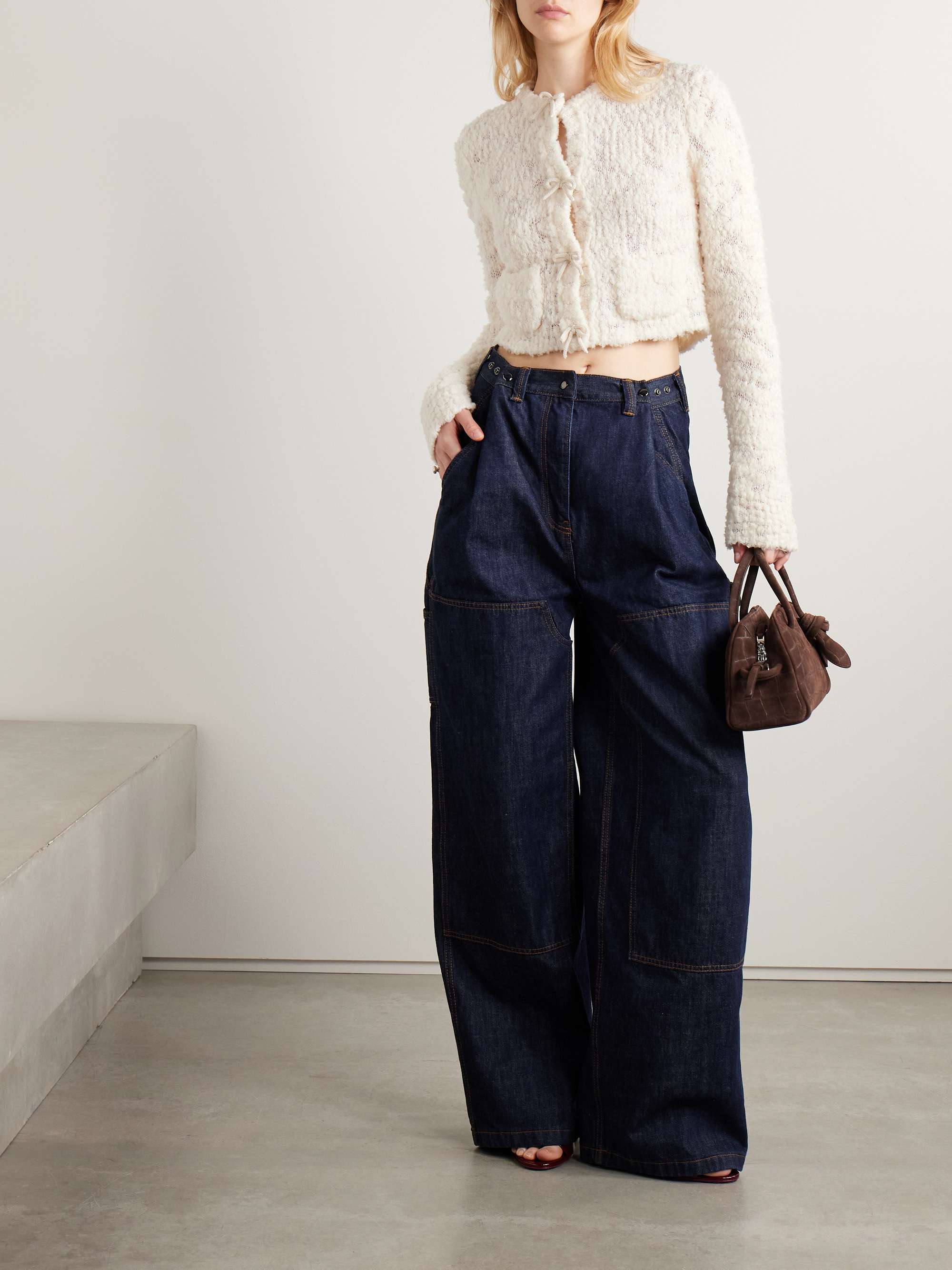 Bow-embellished cropped wool-blend bouclé cardigan view