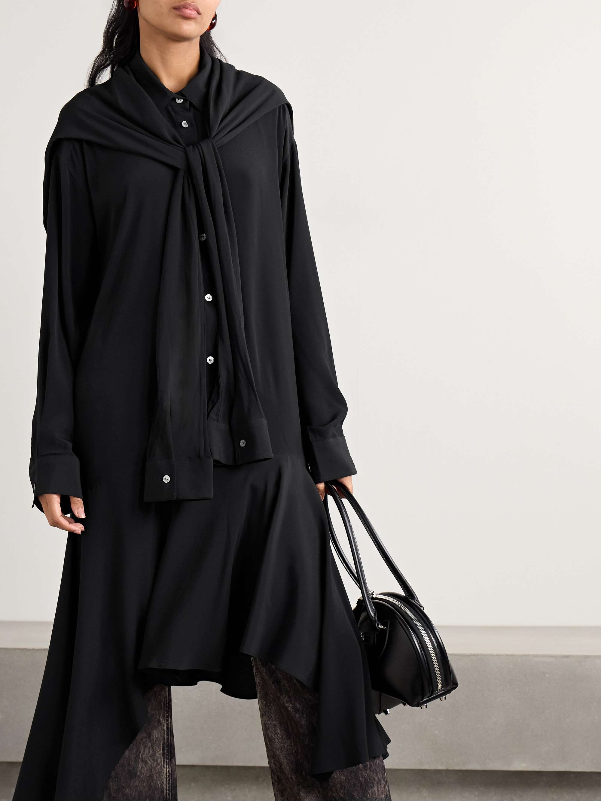 Convertible asymmetric belted crepe de chine midi shirt dress view