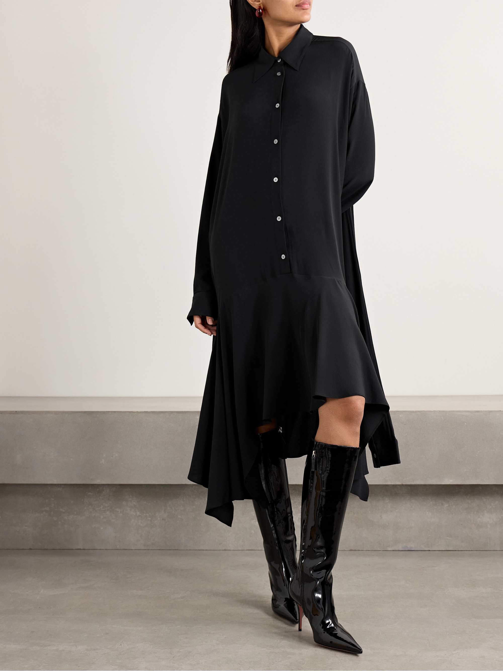 Convertible asymmetric belted crepe de chine midi shirt dress view