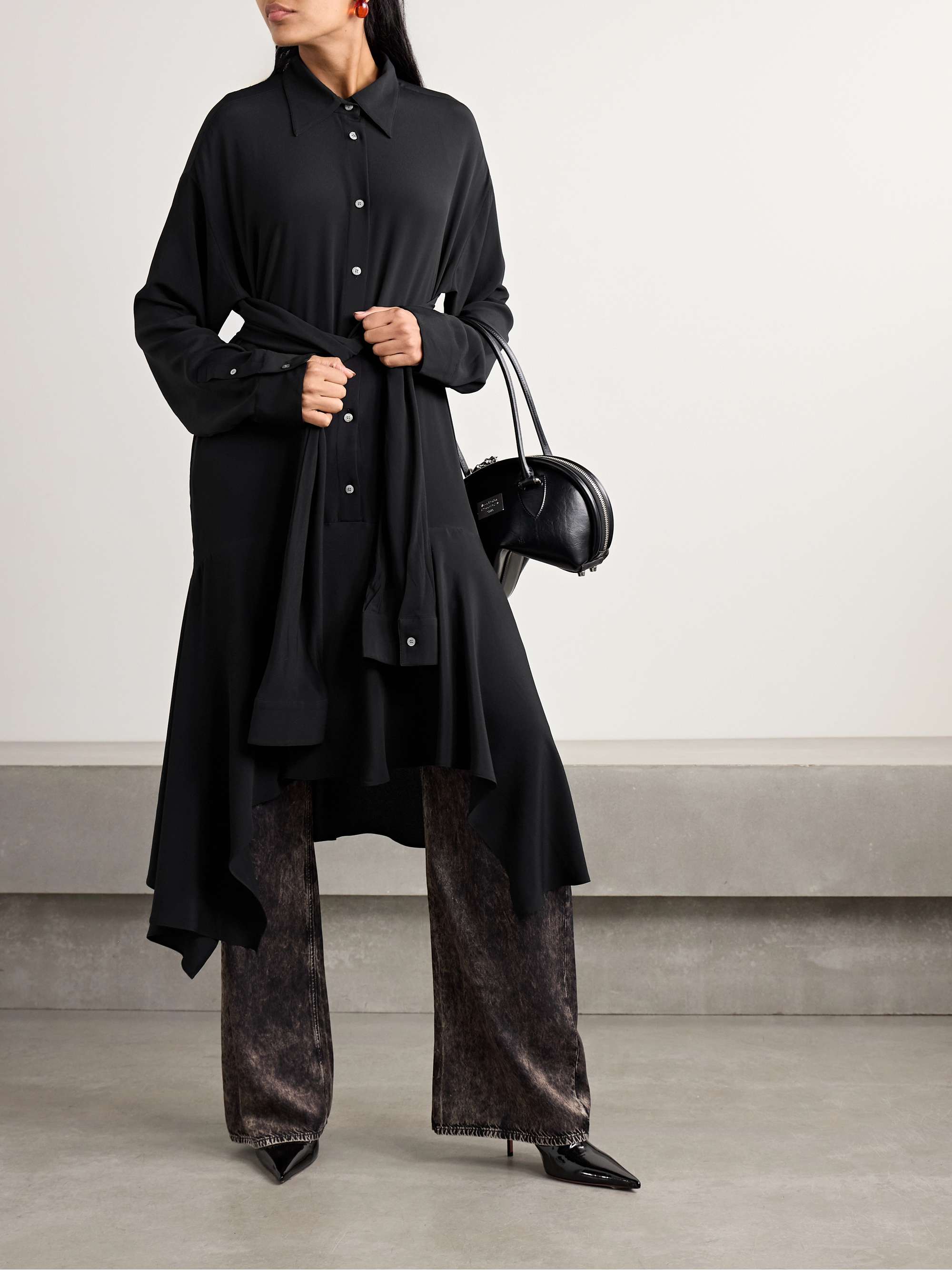 Convertible asymmetric belted crepe de chine midi shirt dress view