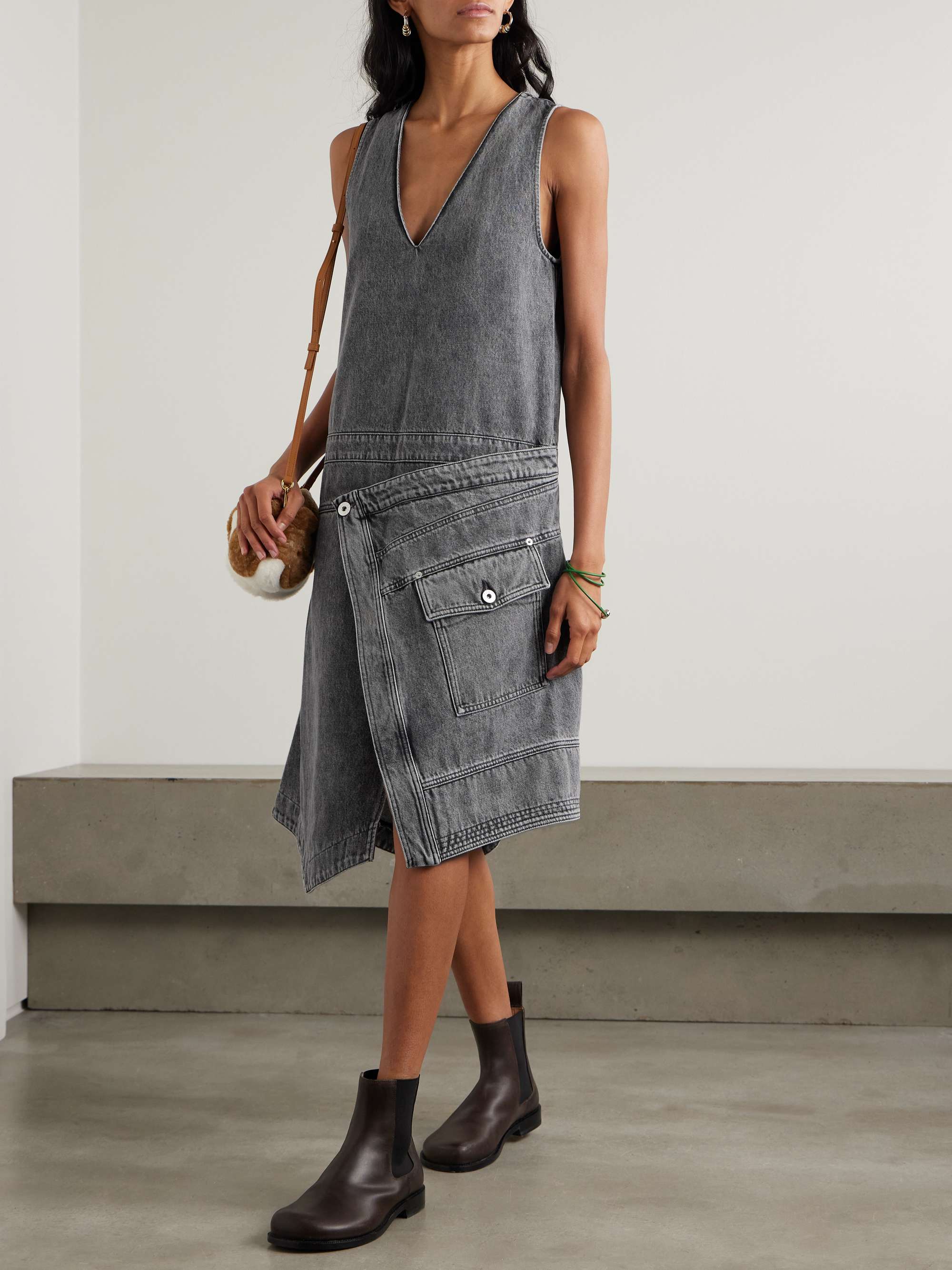 Asymmetric wrap-effect denim midi dress view