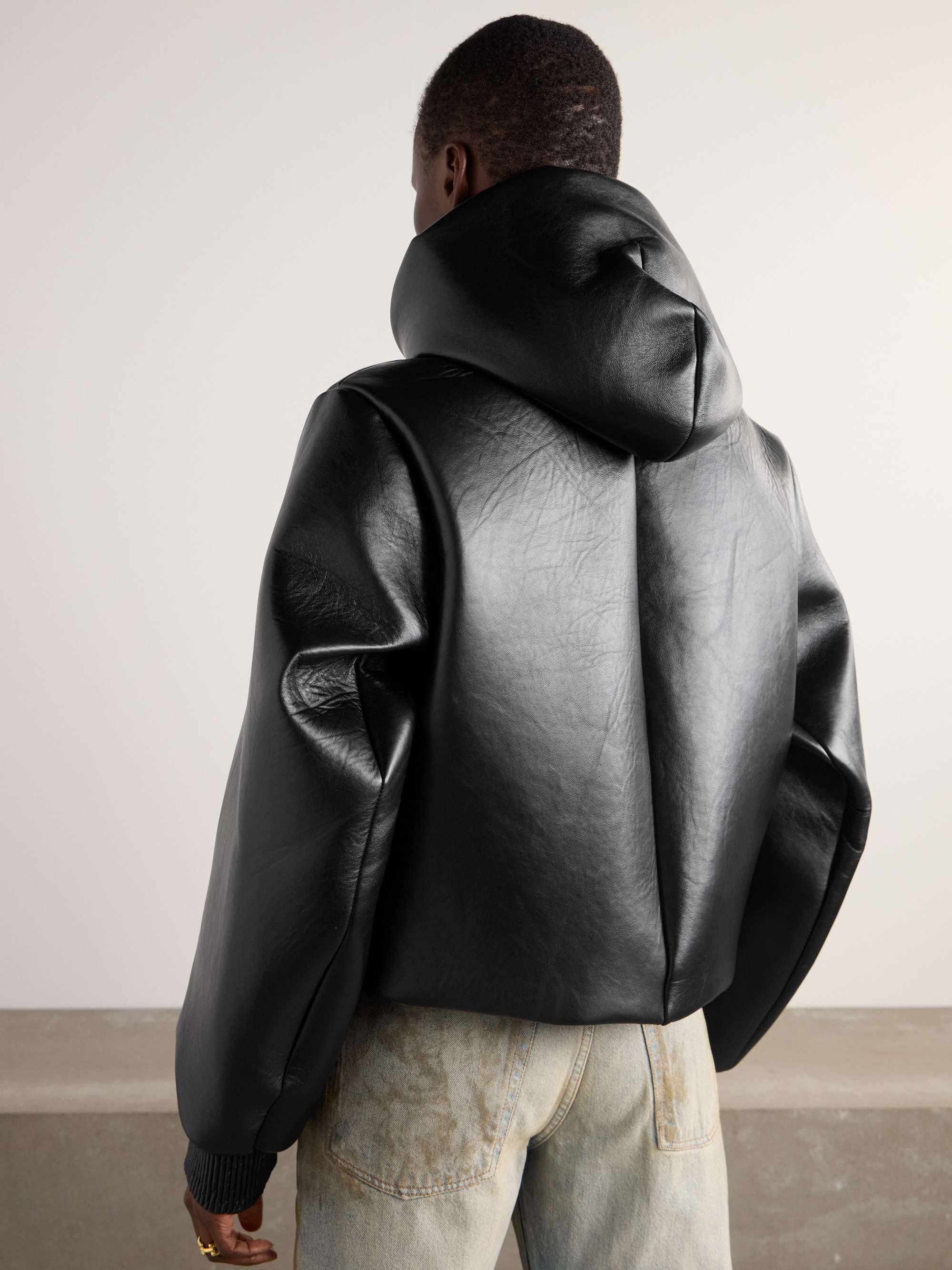 Hooded cropped padded leather jacket view