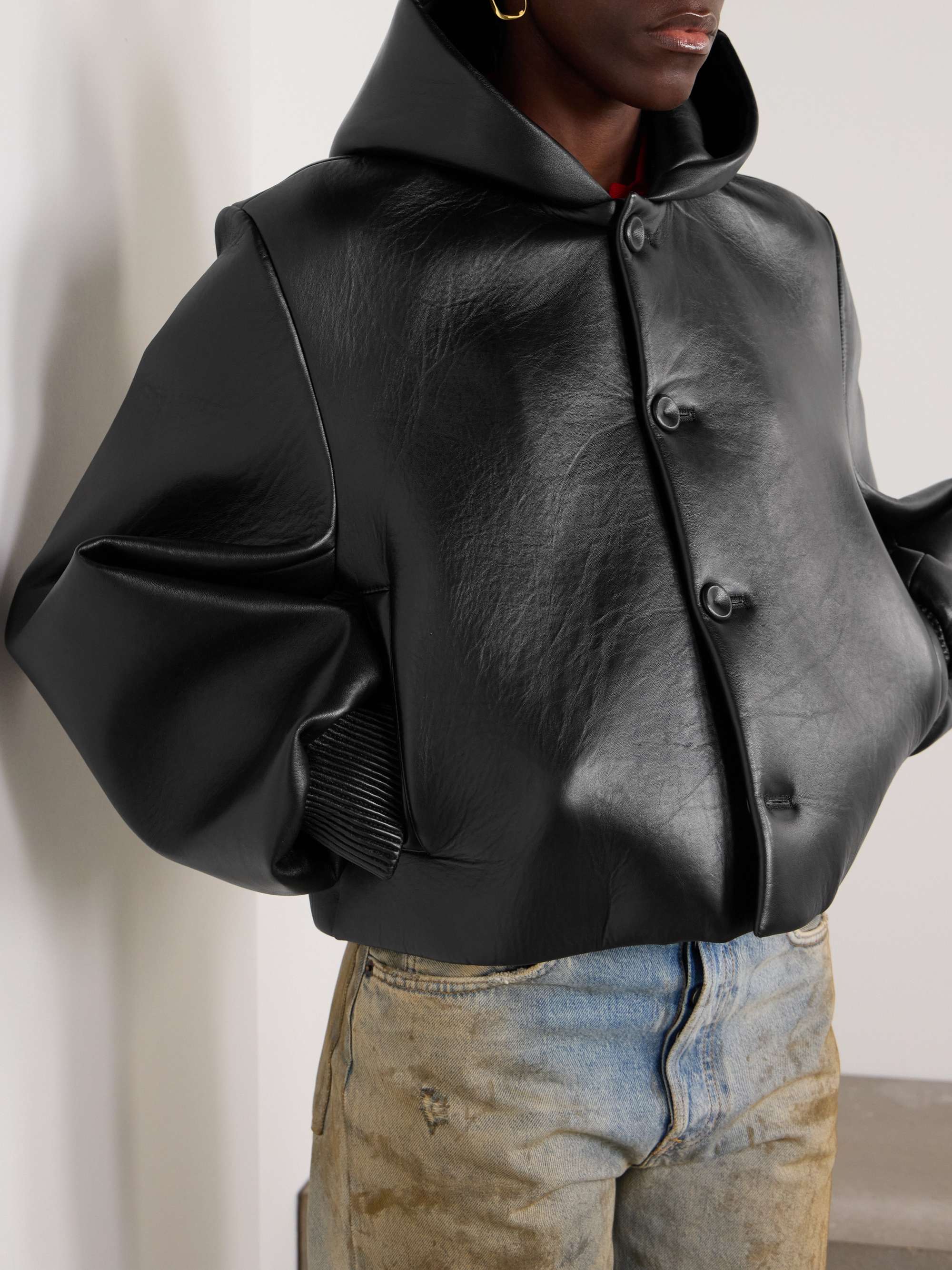 Hooded cropped padded leather jacket view
