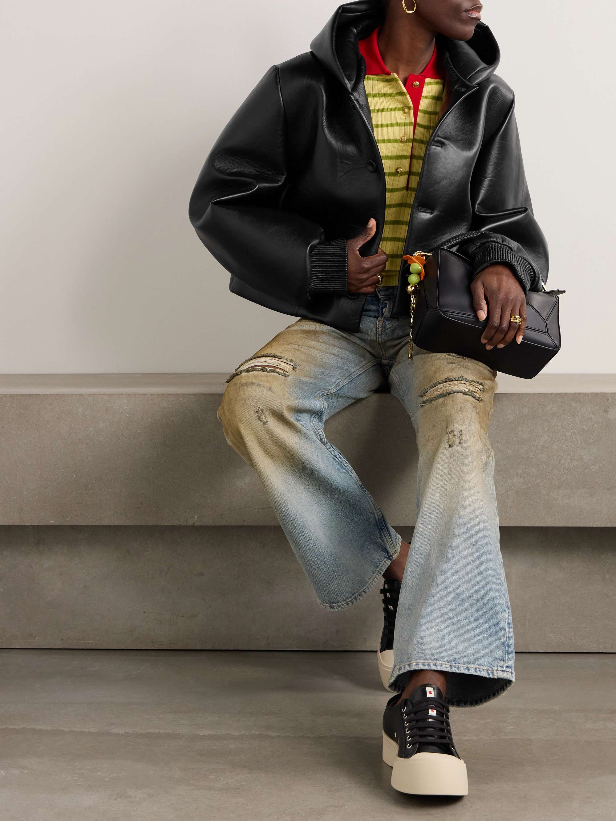 Hooded cropped padded leather jacket view