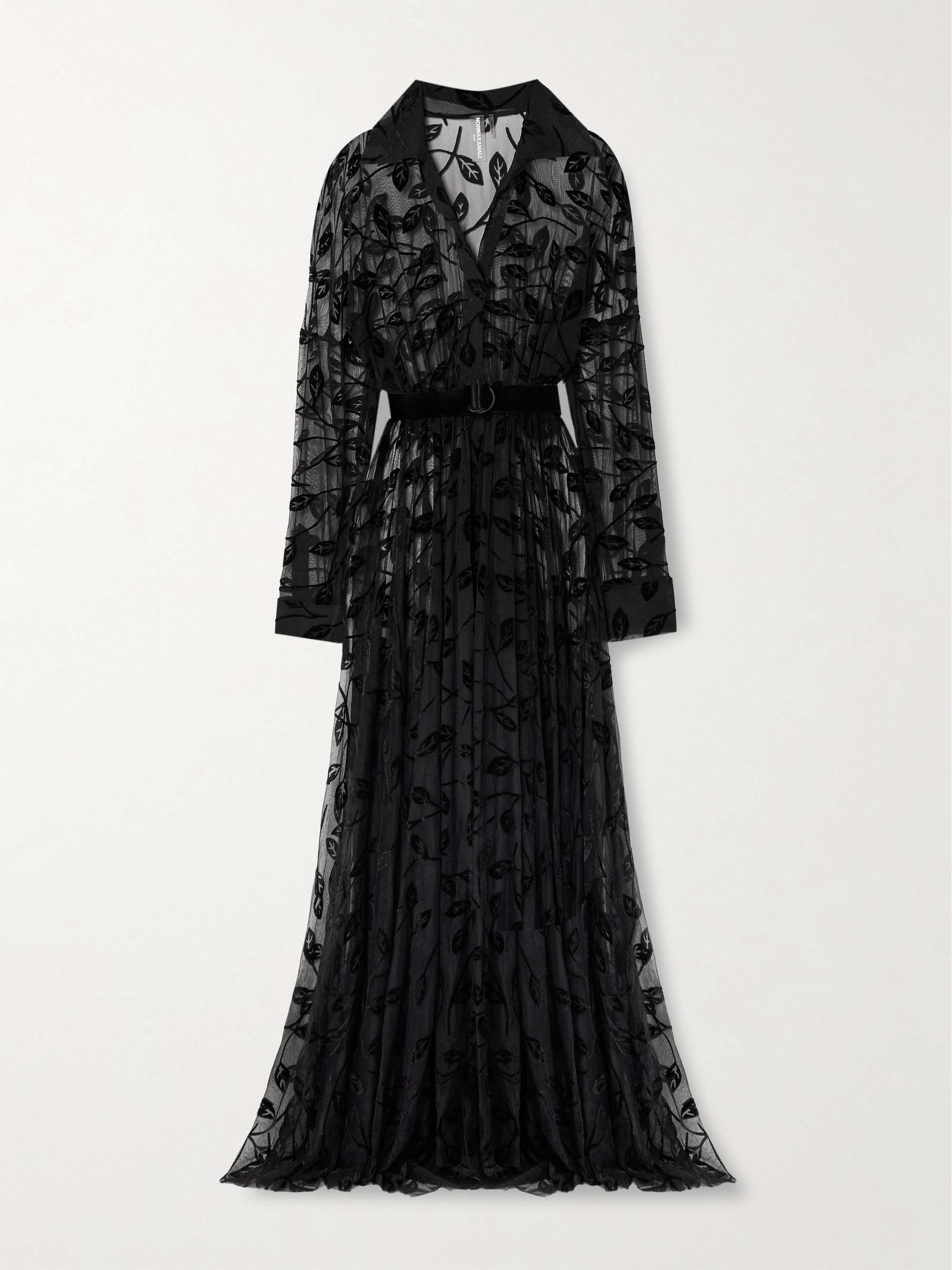 Appliquéd belted stretch-mesh gown view