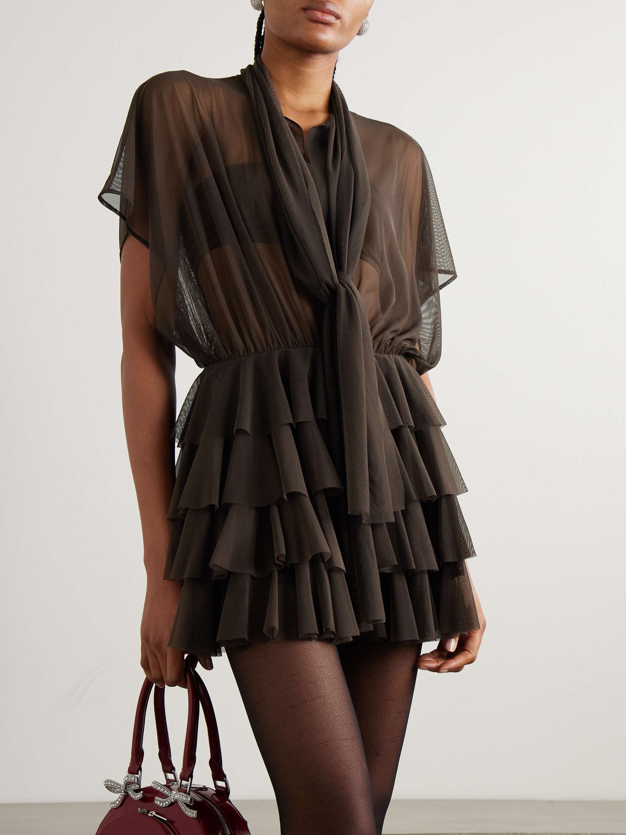 Lauren tie-neck ruffled stretch-mesh mini dress view