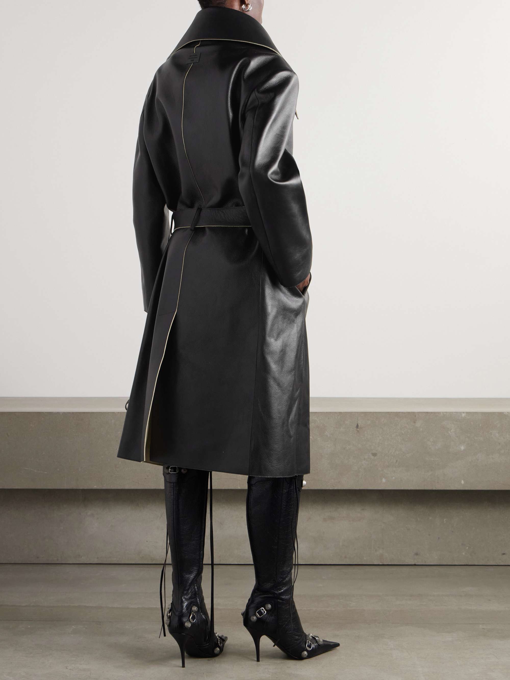 Belted leather coat view