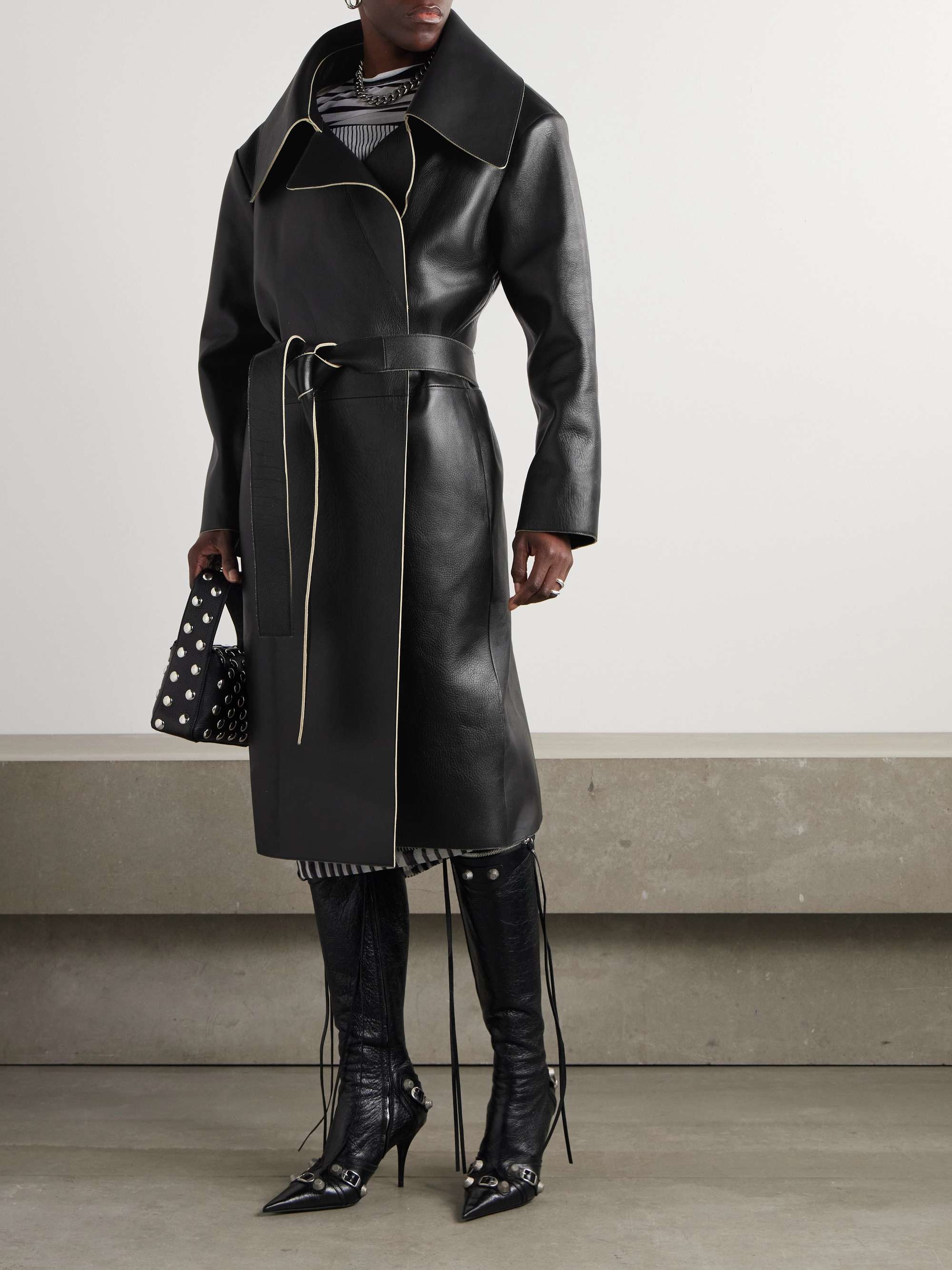 Belted leather coat view