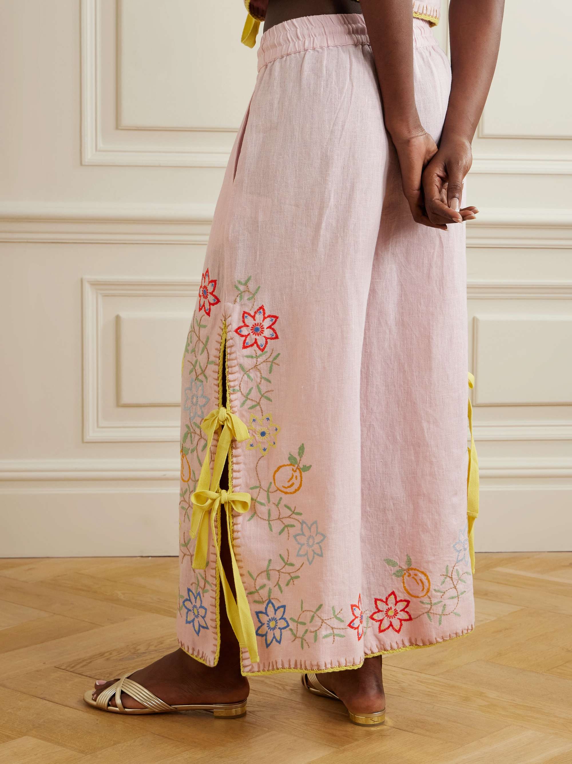 Olivia tie-detailed embroidered linen wide-leg pants view