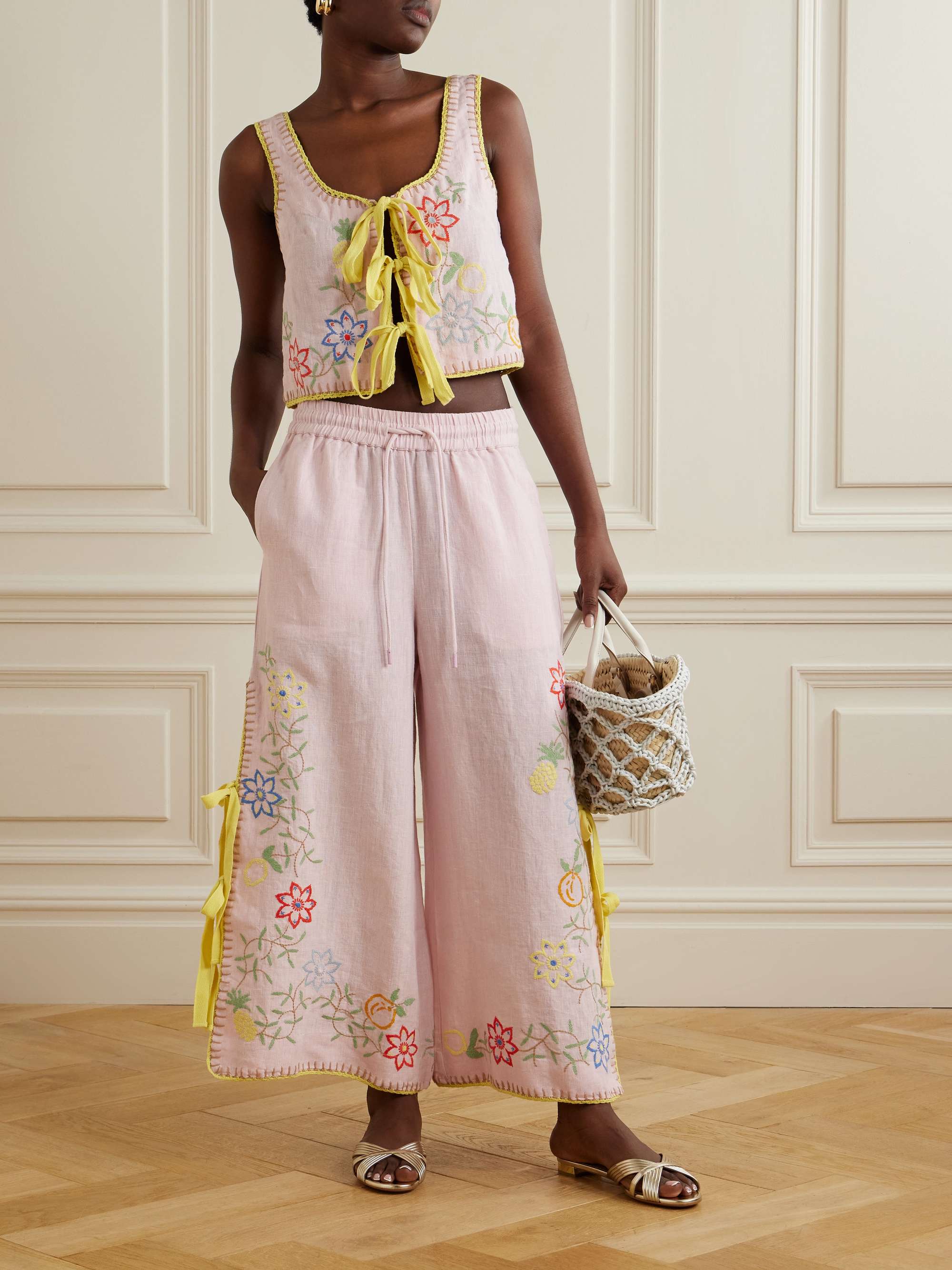 Olivia tie-detailed embroidered linen top view