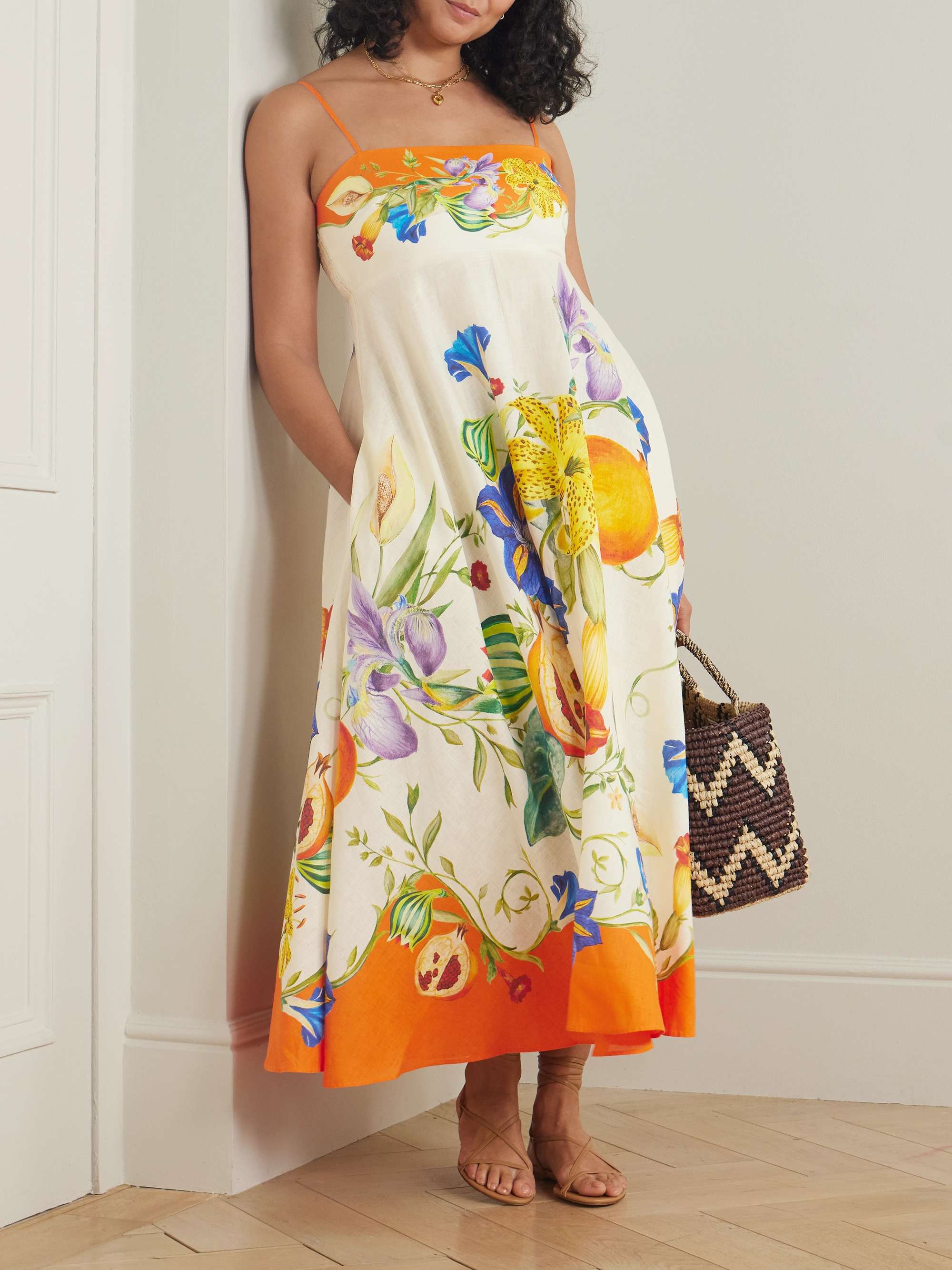Flores floral-print smocked linen midi dress view