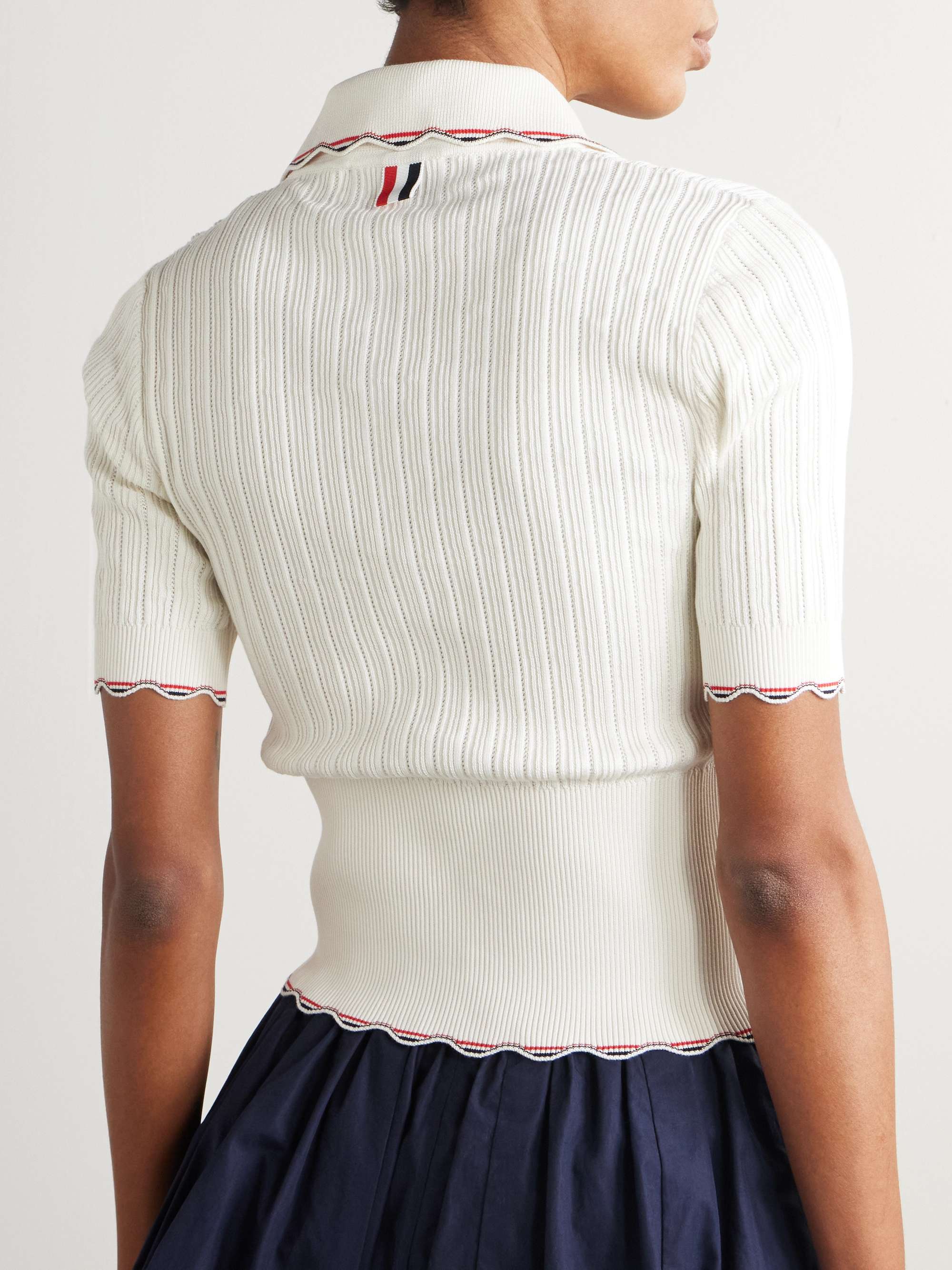 Scalloped ribbed silk and cotton-blend polo shirt view