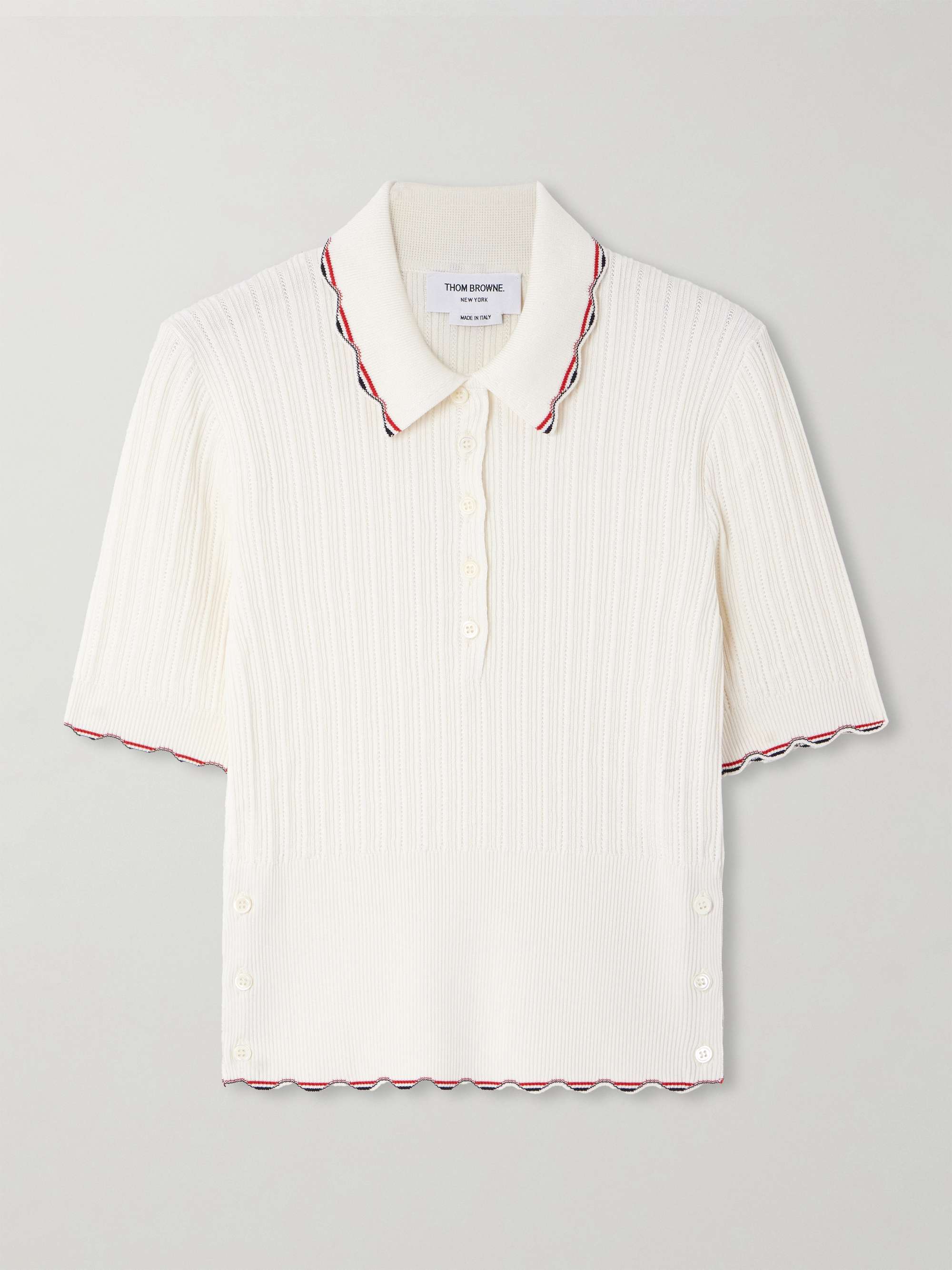Scalloped ribbed silk and cotton-blend polo shirt view