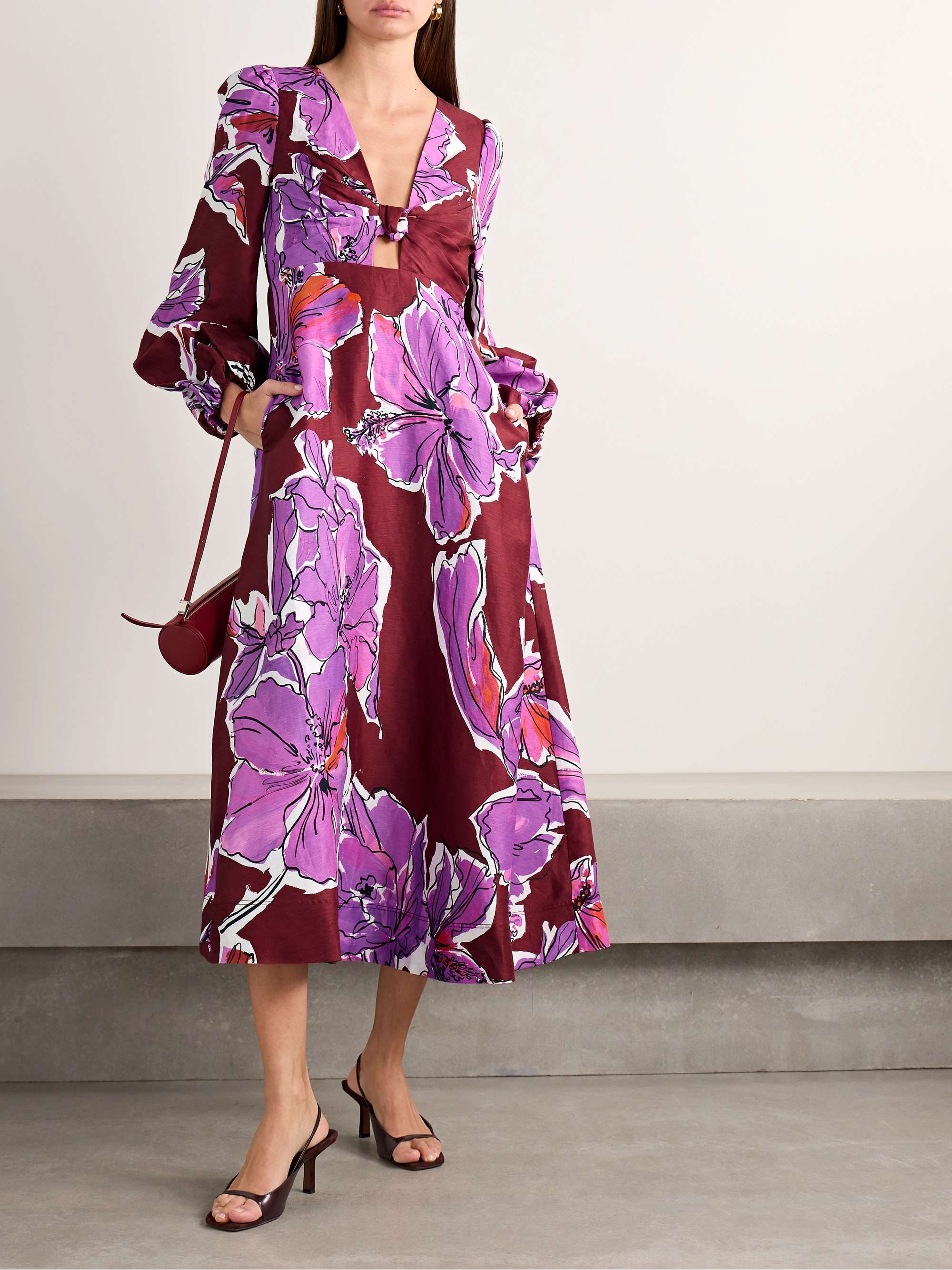 Inflorescence gathered floral-print linen-blend midi dress view