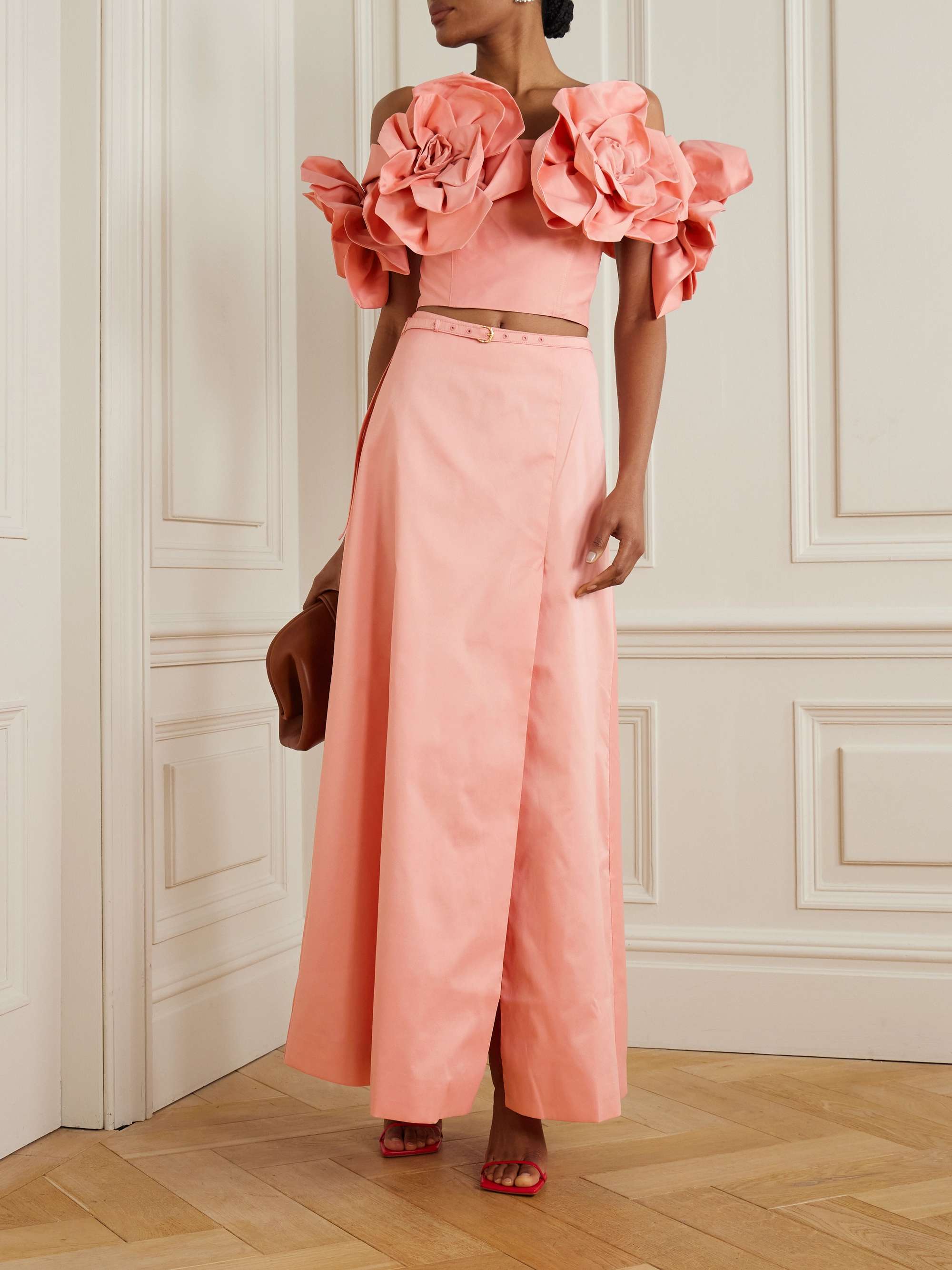 Etta appliquéd off-the-shoulder taffeta cropped top view